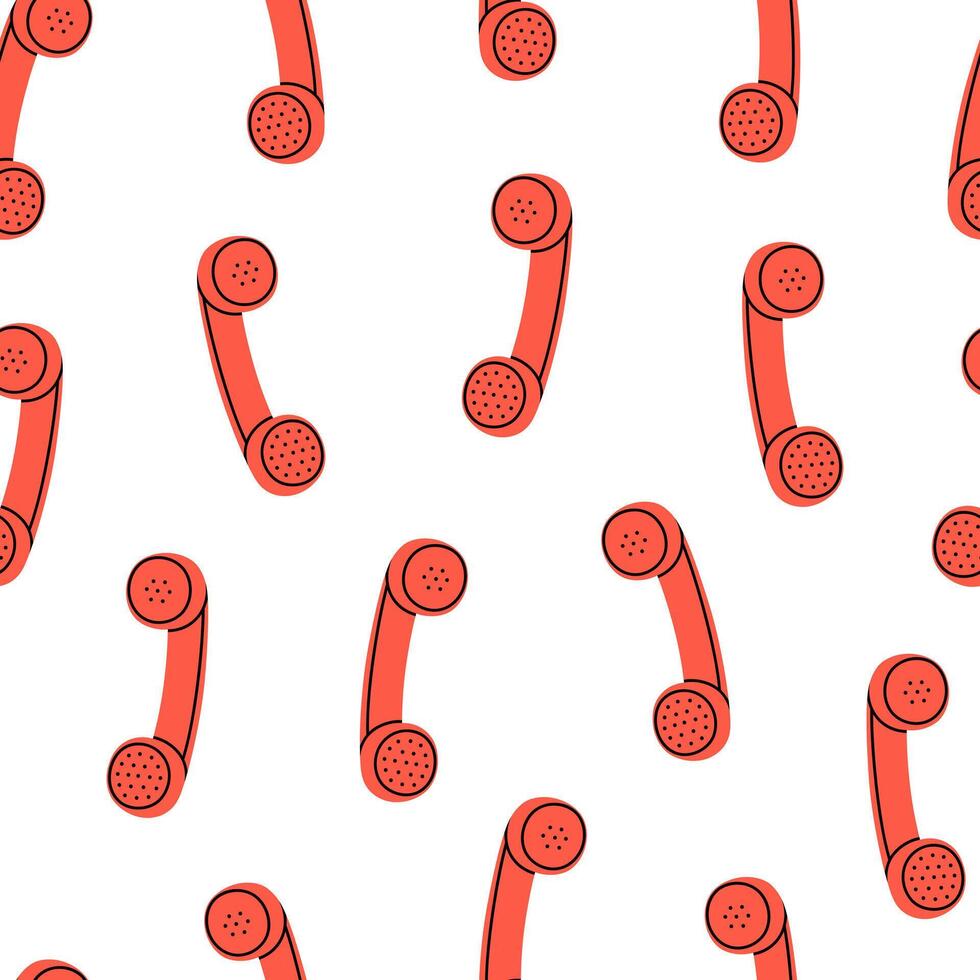 Hand drawn cute cartoon seamless pattern with pink retro phone handset. Flat old telephone with dial print in colored doodle style. Call device receiver background, wrapping or wallpaper. vector