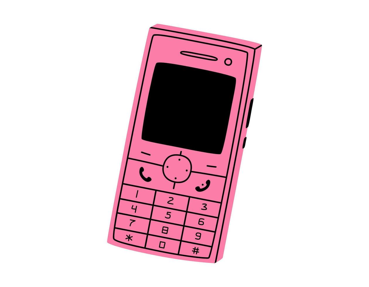 Hand drawn cute cartoon illustration of retro cell mobile phone. Flat old mobile telephone with buttons sticker in colored doodle style. Call device icon or print. Isolated on white background. vector