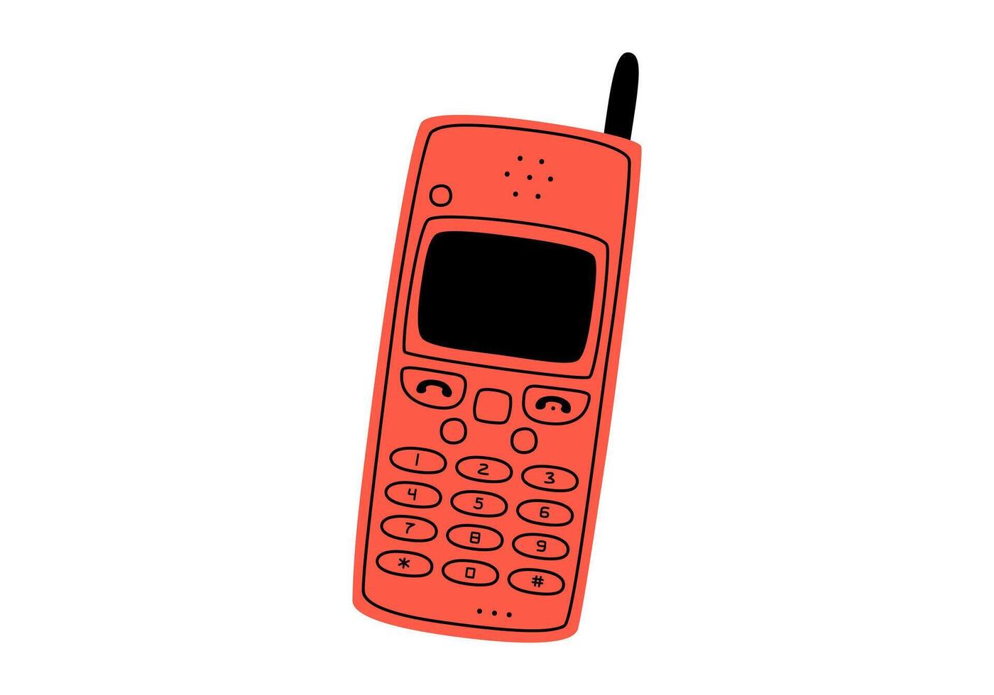 Hand drawn cute cartoon illustration of retro cell mobile phone. Flat old mobile telephone with antenna sticker in colored doodle style. Call device icon or print. Isolated on white background. vector