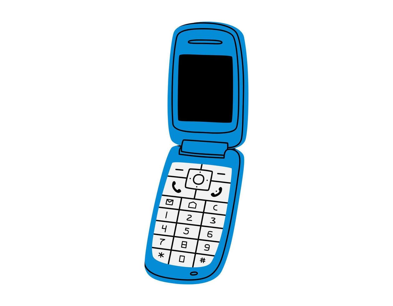 Hand drawn cute cartoon illustration of retro cell flip mobile phone. Flat old mobile telephone with buttons sticker in colored doodle style. Call device icon or print. Isolated on background. vector