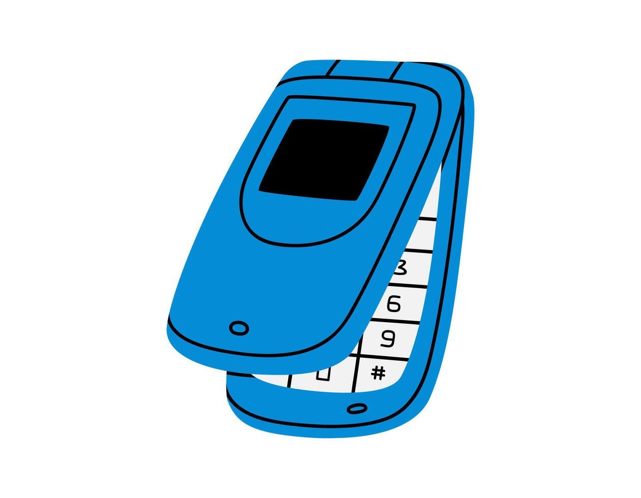 Hand drawn cute cartoon illustration of retro cell flip mobile phone. Flat old mobile telephone with buttons sticker in colored doodle style. Call device icon or print. Isolated on background. vector