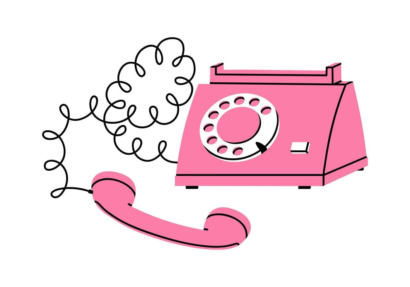 Hand drawn cute cartoon illustration of pink retro wired phone. Flat old telephone sticker in simple colored doodle style. Make a call. Pick up the phone icon or print. Isolated on white. vector