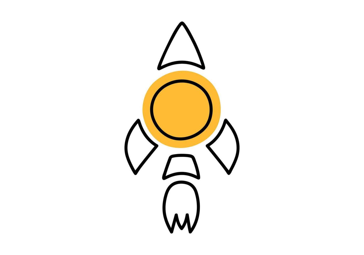 Hand drawn cute cartoon illustration of coin rocket with outline. Flat money increase income sticker in doodle style. Launch a startup icon or print. Successful investments or savings. Isolated vector