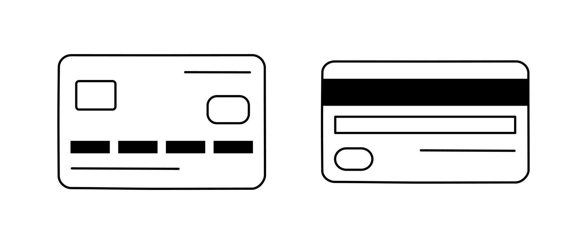 Hand drawn cute outline illustration of credit card on both sides. Flat money E-wallet sticker in line art doodle style. Shopping or payment icon or print. Online payment method. Isolated. vector