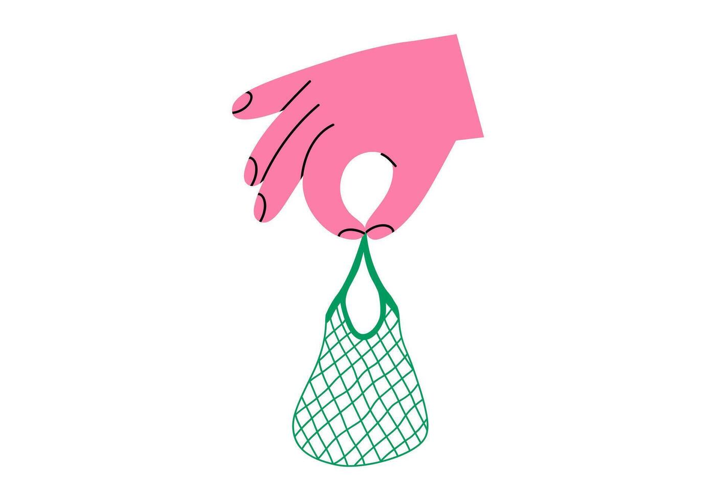Hand drawn cute cartoon illustration of hand with shopping string or mesh bag. Flat shopping in store sticker in doodle style. Buying on sale icon. Delivery service or online order. Isolated. vector