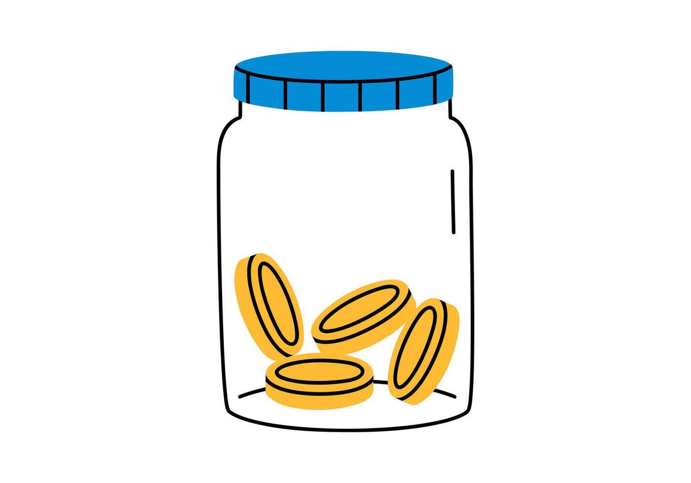 Hand drawn cute cartoon illustration of outline jar with coins. Flat moneybox for savings sticker in doodle style. Financial literacy or bank deposit icon or print. Financial cushion. Isolated. vector