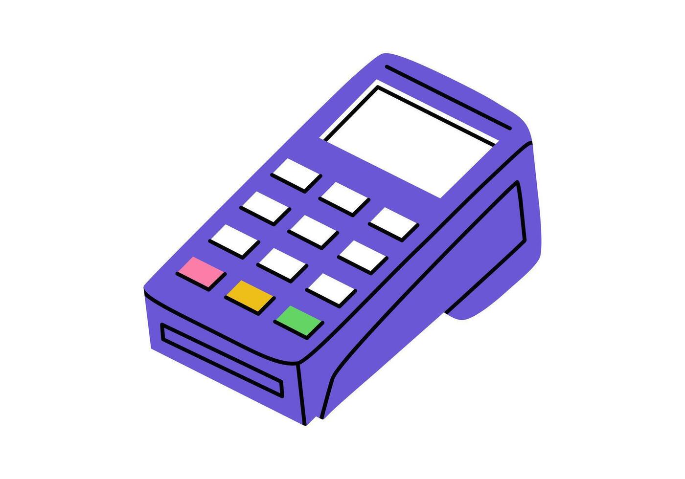 Hand drawn cute cartoon illustration POS terminal. Flat money transaction device sticker in colored doodle style. Shopping or payment icon or print. Payment by card. Bank operation. Isolated. vector