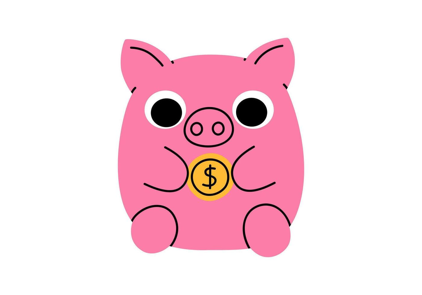 Hand drawn cute cartoon illustration of piggy bank holding coin. Flat moneybox character for savings sticker in colored doodle style. Financial investment or bank deposit icon, print. Isolated. vector
