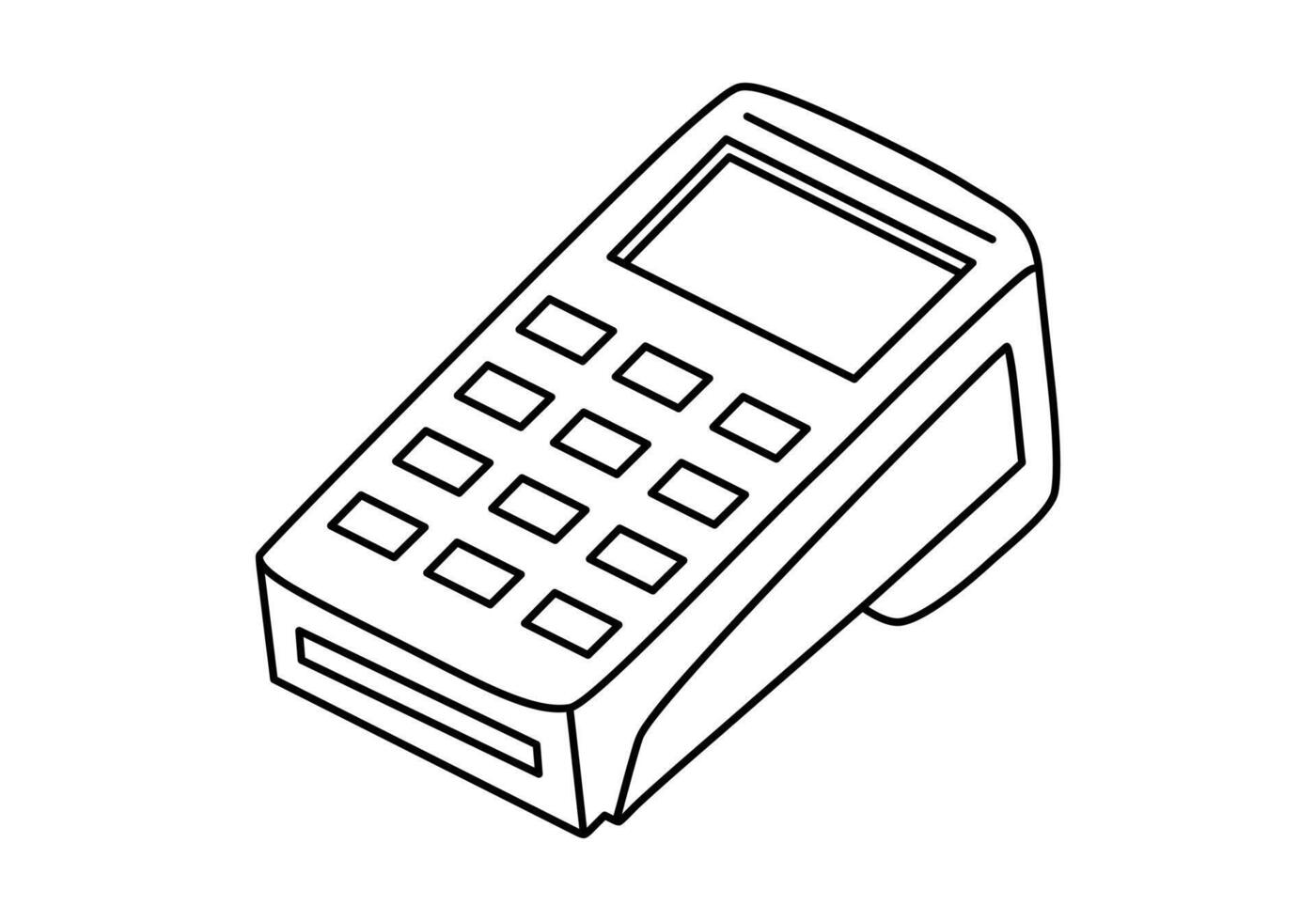 Hand drawn cute outline illustration POS terminal. Flat money transaction device sticker in line art doodle style. Shopping or payment icon or print. Payment by card. Bank operation. Isolated. vector