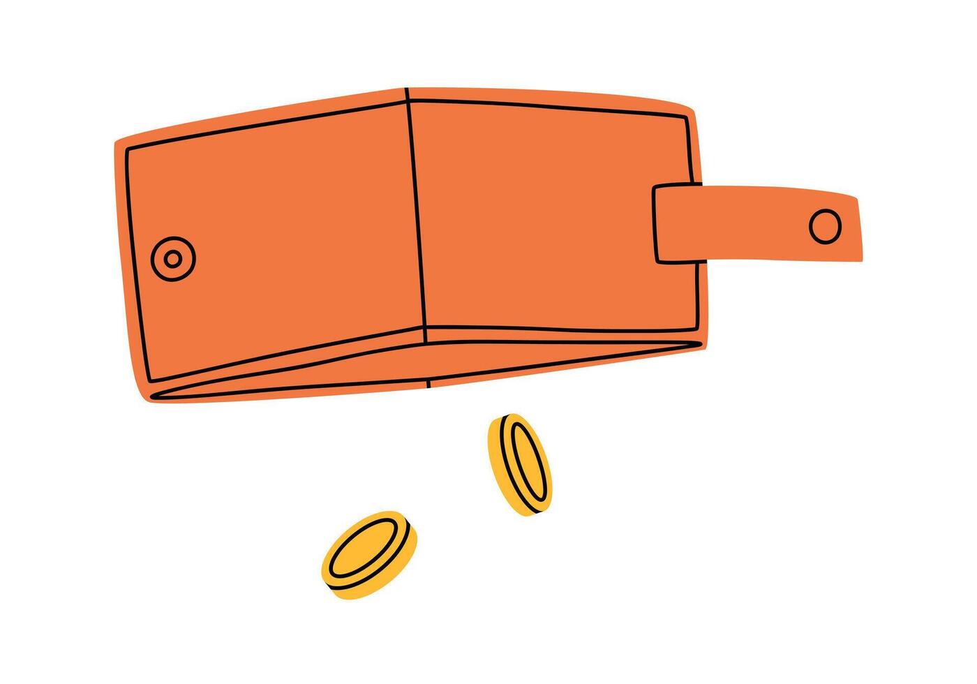 Hand drawn cute cartoon illustration of empty wallet with falling coins. Flat lack of money sticker in colored doodle style. Bankrupt or poverty icon. Financial difficulties. Isolated. vector