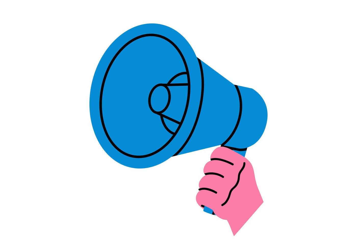 Hand drawn cute cartoon illustration hand with megaphone or loudspeaker. Flat promotion, advertisement sticker in doodle style. News alert icon. Communication speaker. Social protest. Isolated. vector