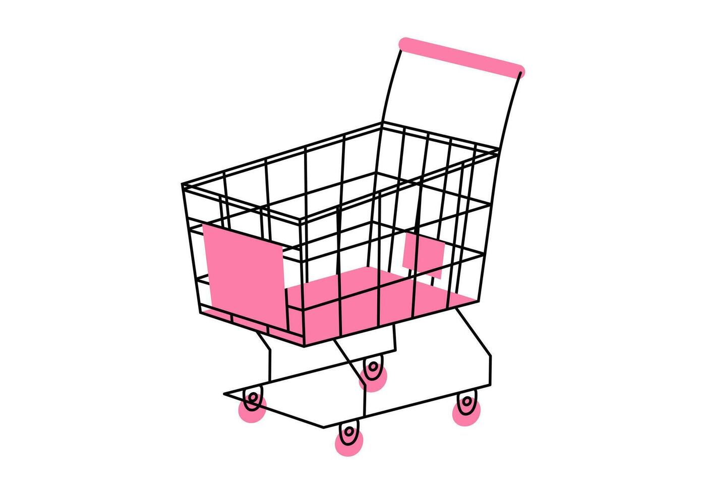 Hand drawn cute cartoon illustration of empty shopping cart. Flat store purchase container sticker in colored doodle style. Grocery market or e-commerce icon with outline. Isolated. vector