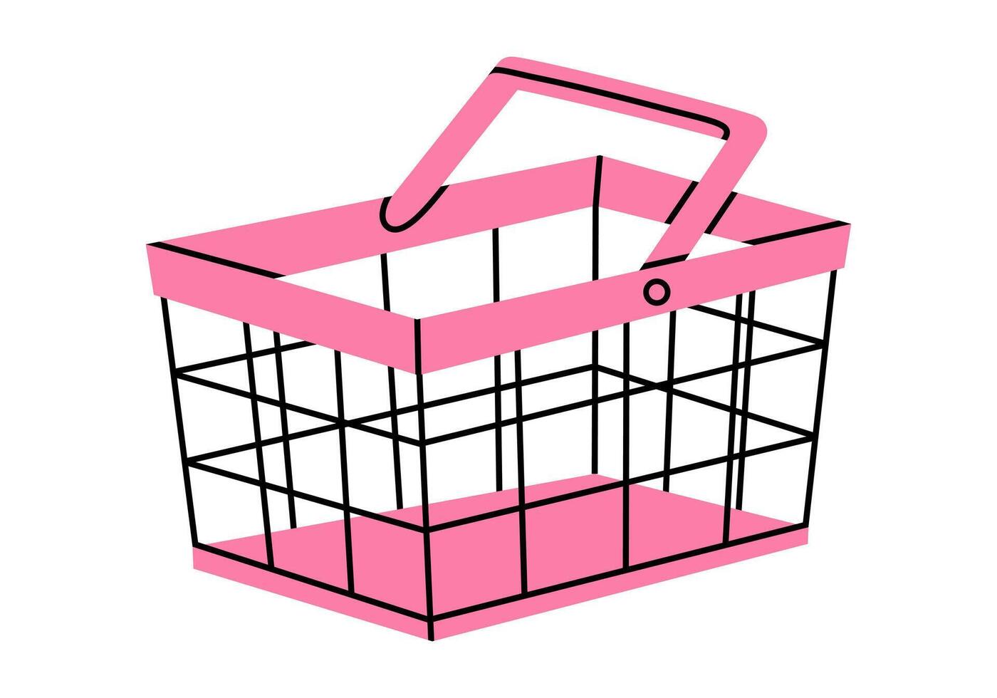 Hand drawn cute cartoon illustration of empty shopping basket. Flat store purchase container sticker in colored doodle style. Grocery market or e-commerce icon with outline elements. Isolated. vector