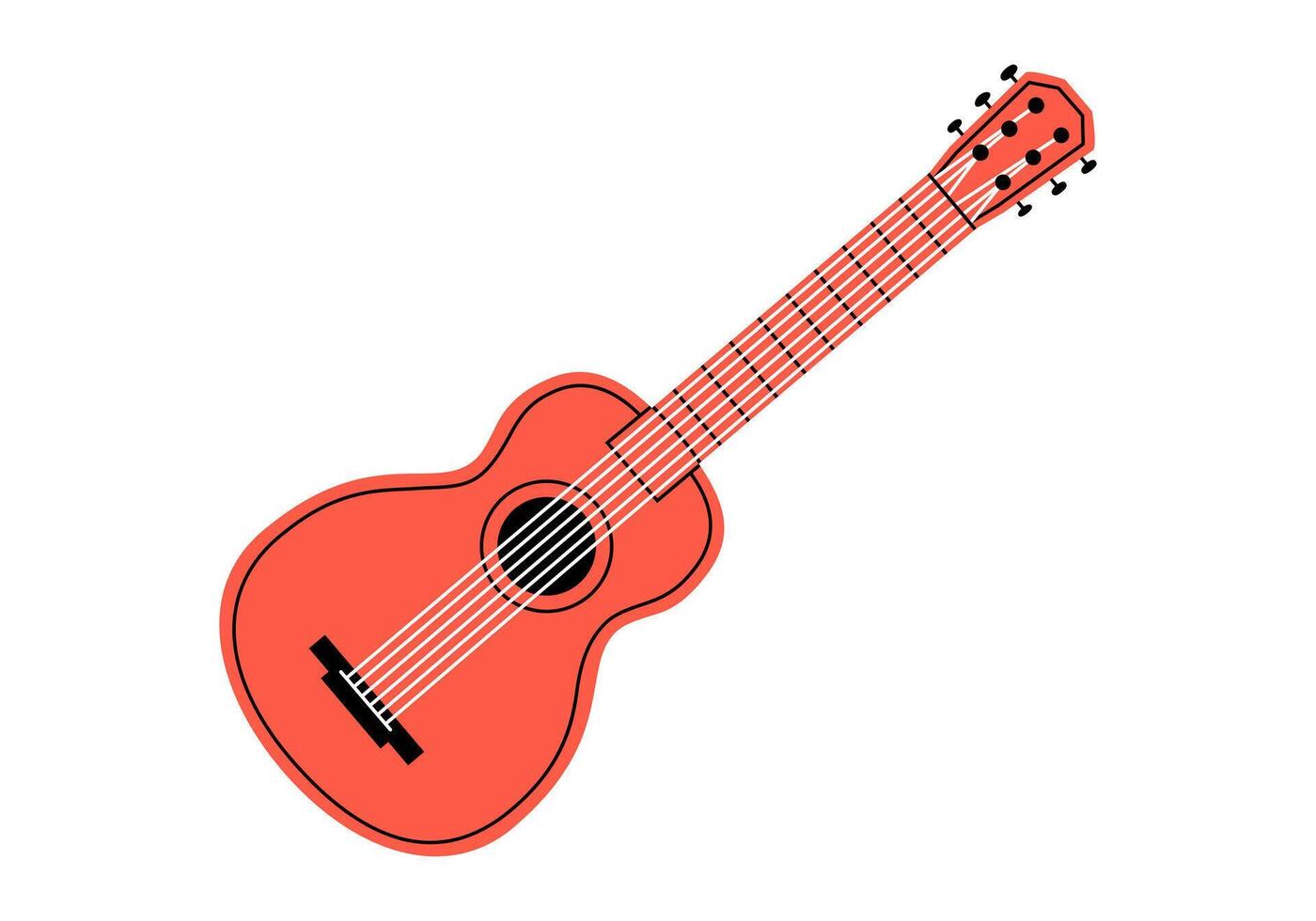 Hand drawn cute cartoon illustration of camping guitar. Flat acoustic music instrument sticker in colored doodle style. Stringed instrument icon. Adventure, hiking, tourism. Isolated. vector