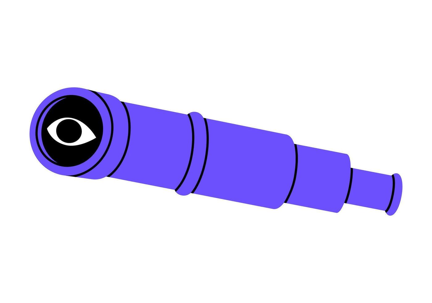 Hand drawn cute cartoon illustration camping spyglass with eye. Flat searching optical telescope sticker in doodle style. Career or vacancy research icon. Searching for opportunity. Isolated. vector