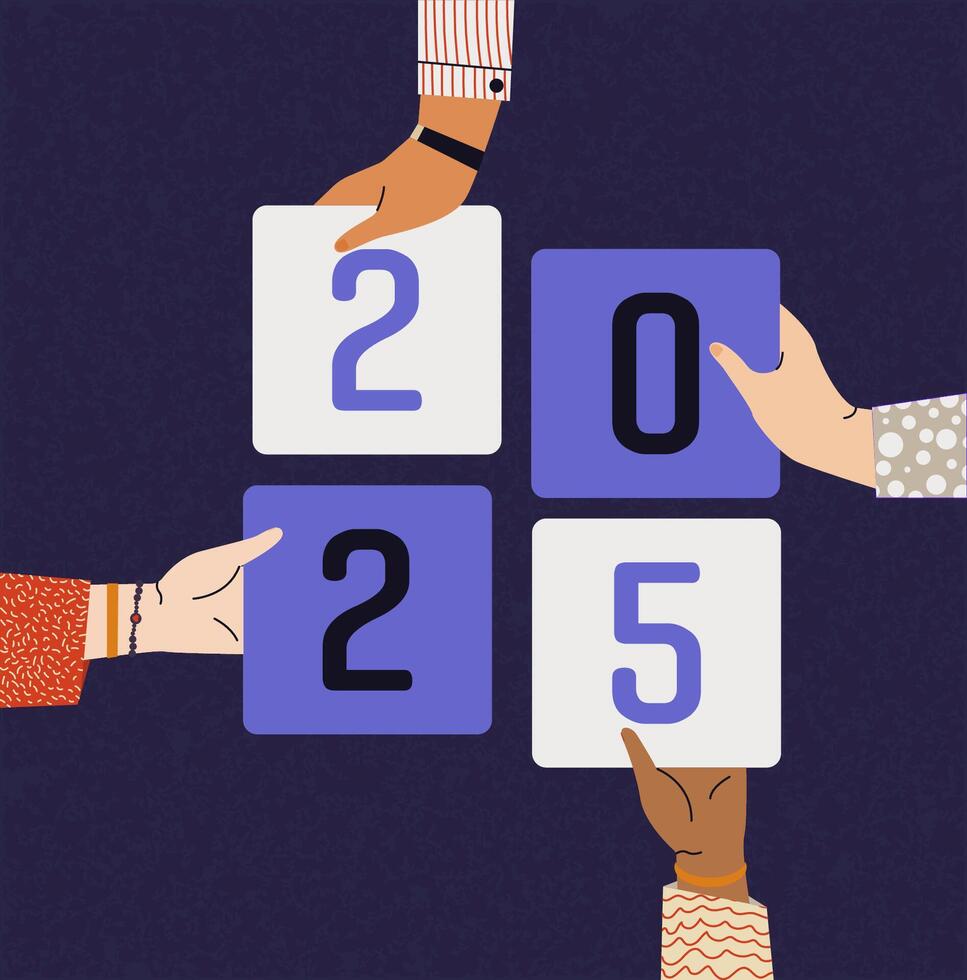 Inscription numbers 2025 on colorful stickers in hands. New year concept. vector