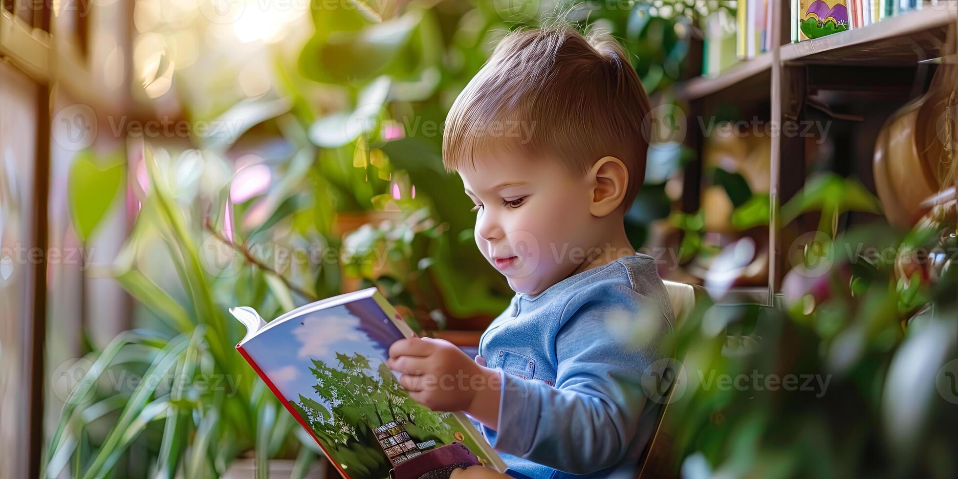 cute child with short hair is reading colorful picture books, photo