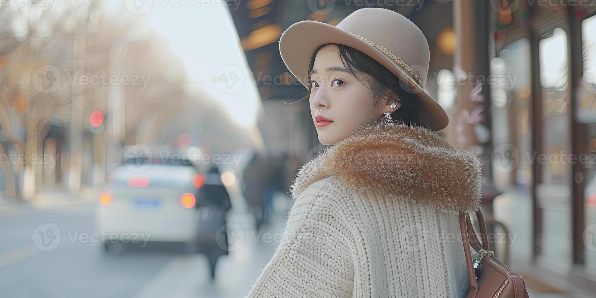 beautiful Chinese girl wearing an off-white woolen sweater with a brown fur collar, photo