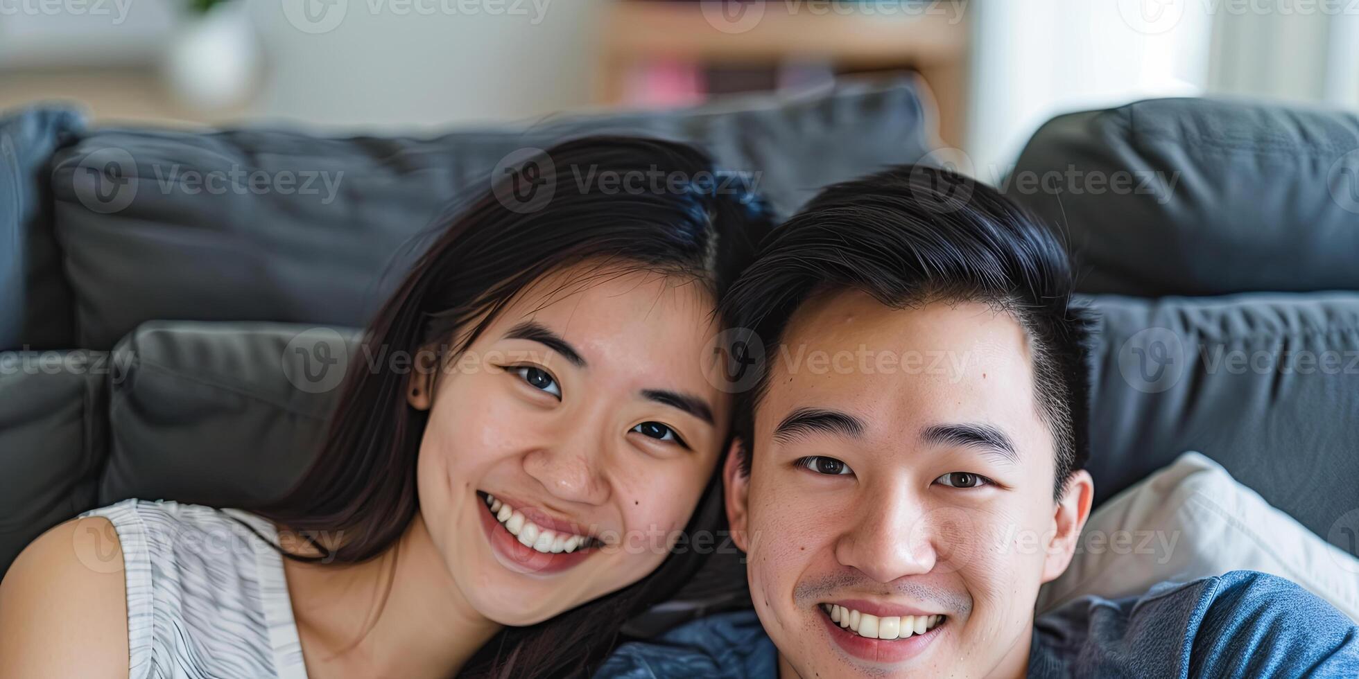 portrait of a happy young Asian couple smiling, photo