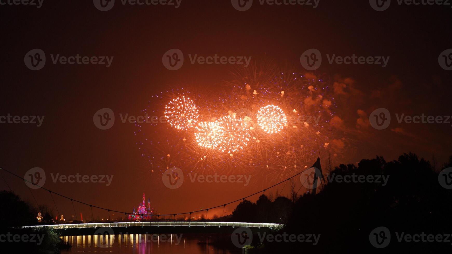 The colorful and beautiful fireworks show with the dark sky as background at night photo