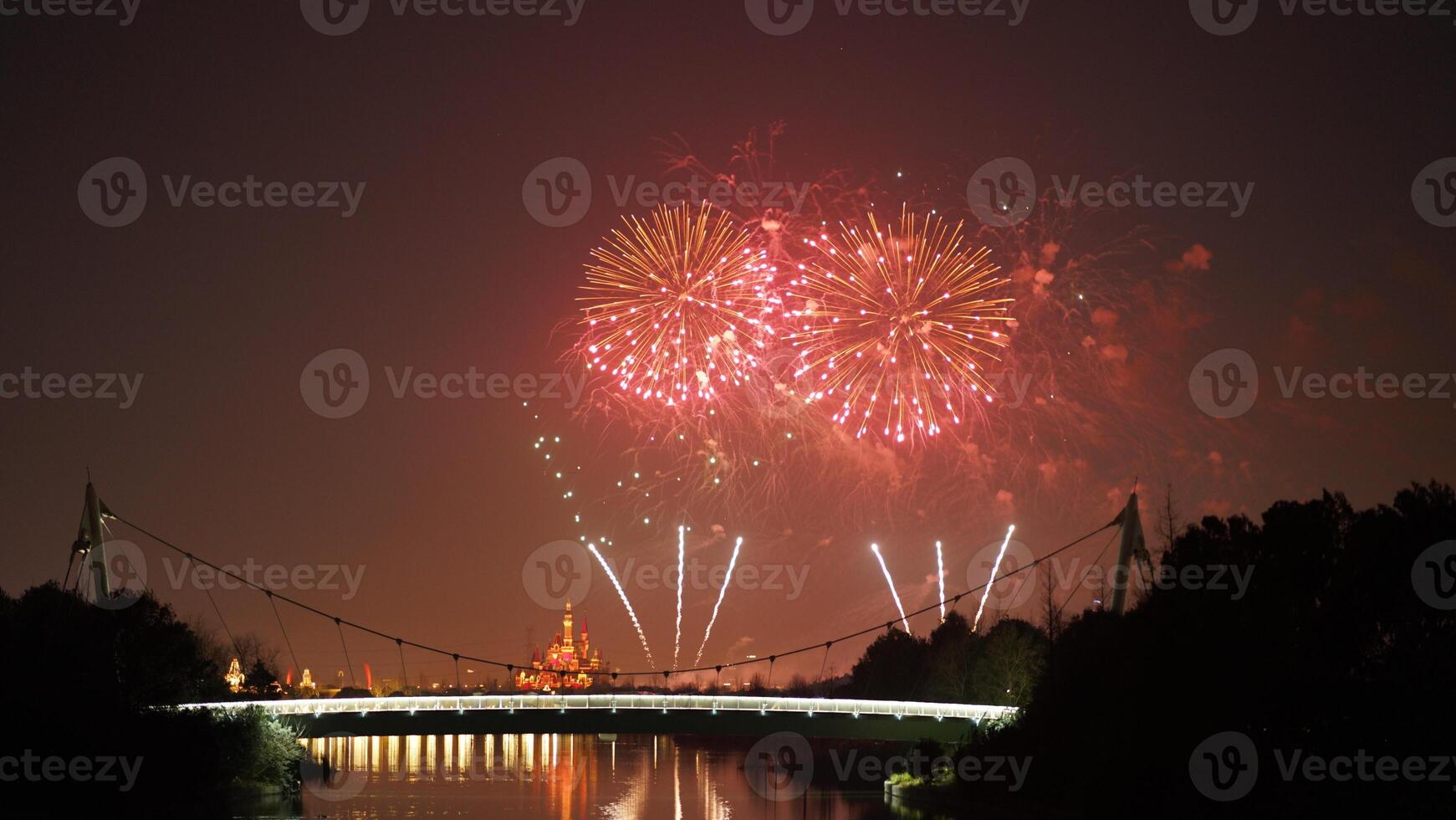 The colorful and beautiful fireworks show with the dark sky as background at night photo