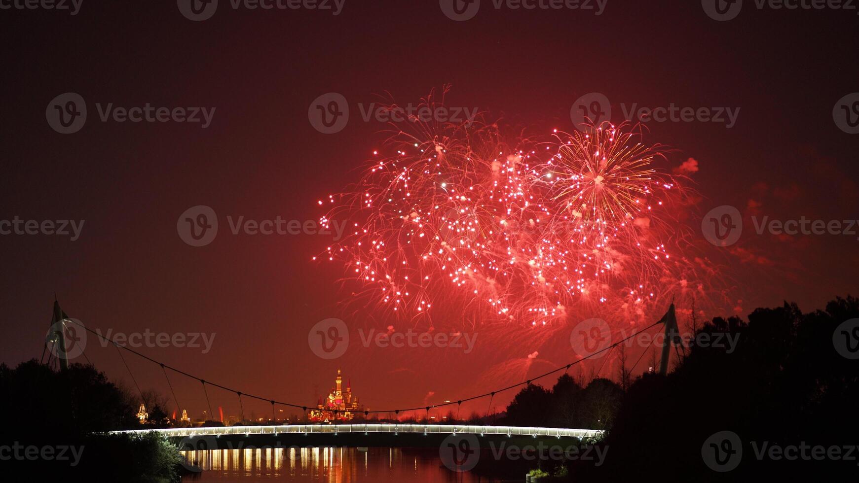 The colorful and beautiful fireworks show with the dark sky as background at night photo