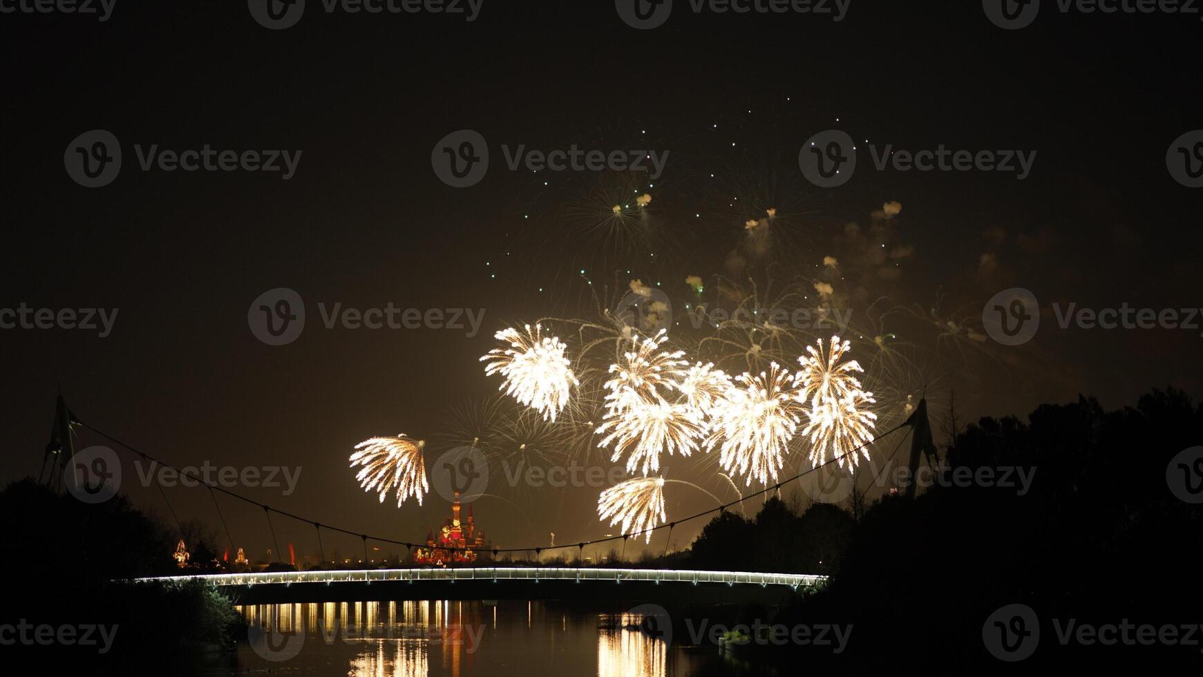The colorful and beautiful fireworks show with the dark sky as background at night photo