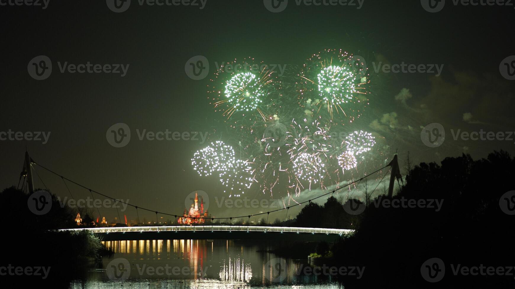 The colorful and beautiful fireworks show with the dark sky as background at night photo