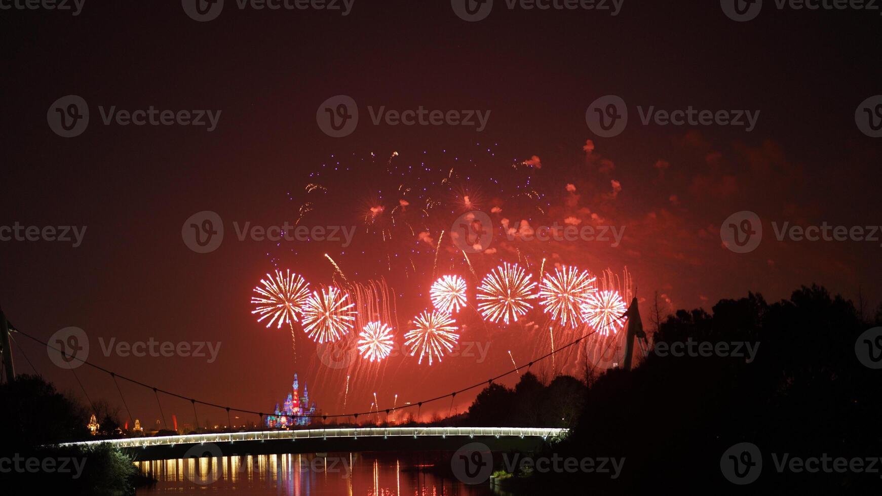 The colorful and beautiful fireworks show with the dark sky as background at night photo