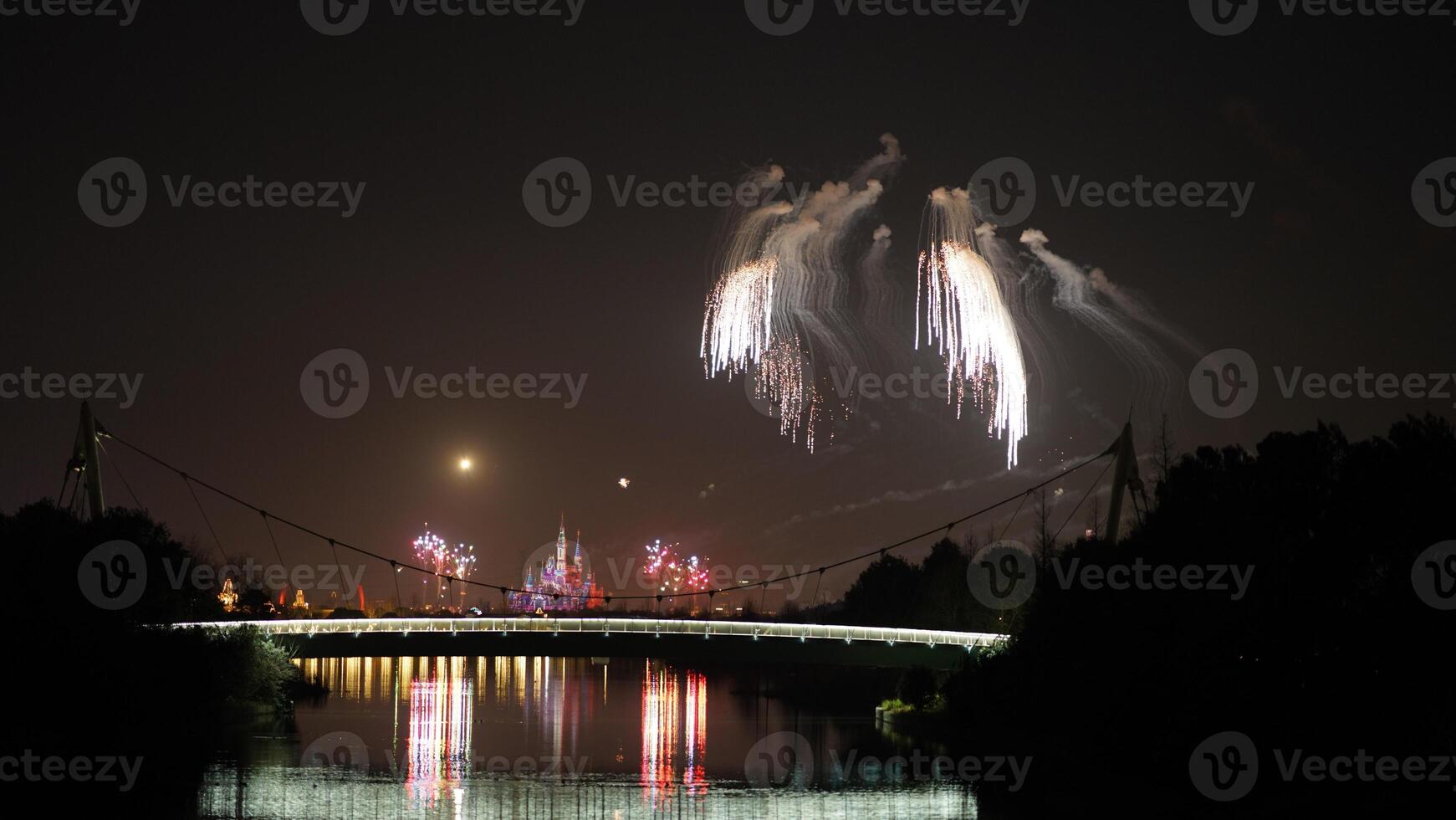 The colorful and beautiful fireworks show with the dark sky as background at night photo
