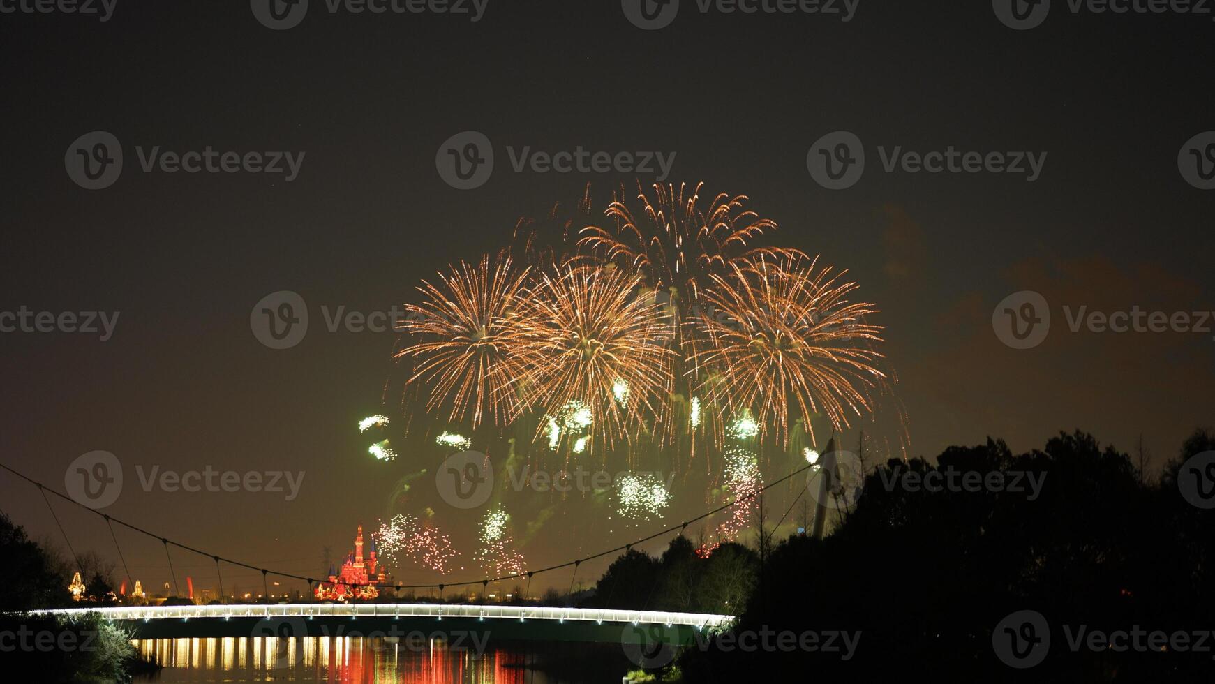 The colorful and beautiful fireworks show with the dark sky as background at night photo