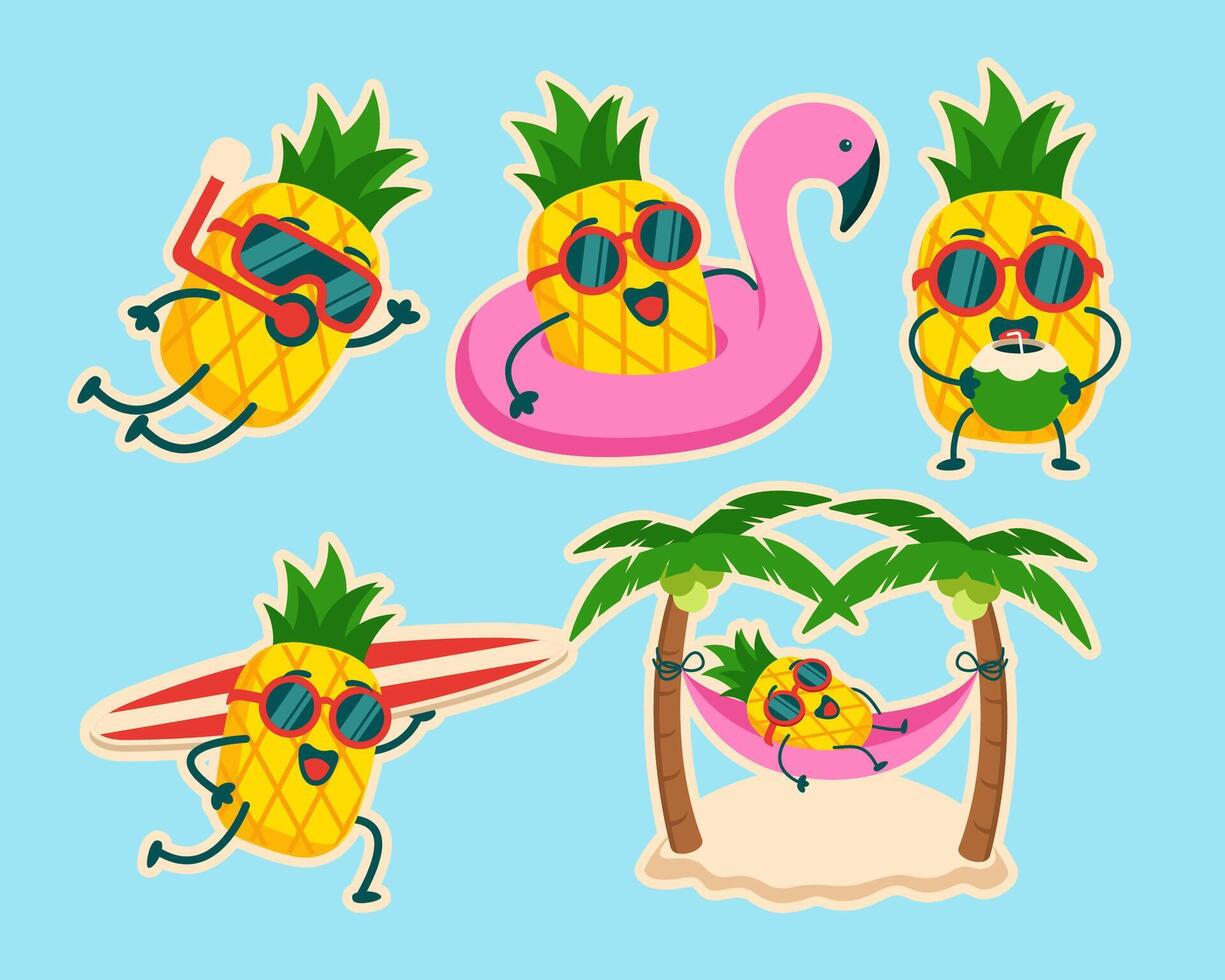 summer activity with pineapple mascot characters vector