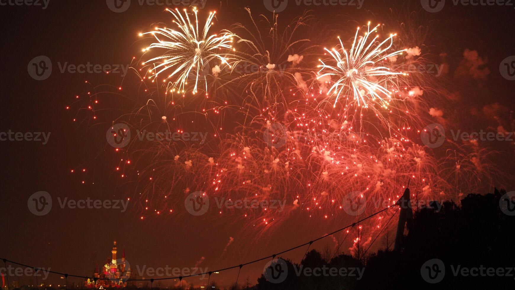 The colorful and beautiful fireworks show with the dark sky as background at night photo