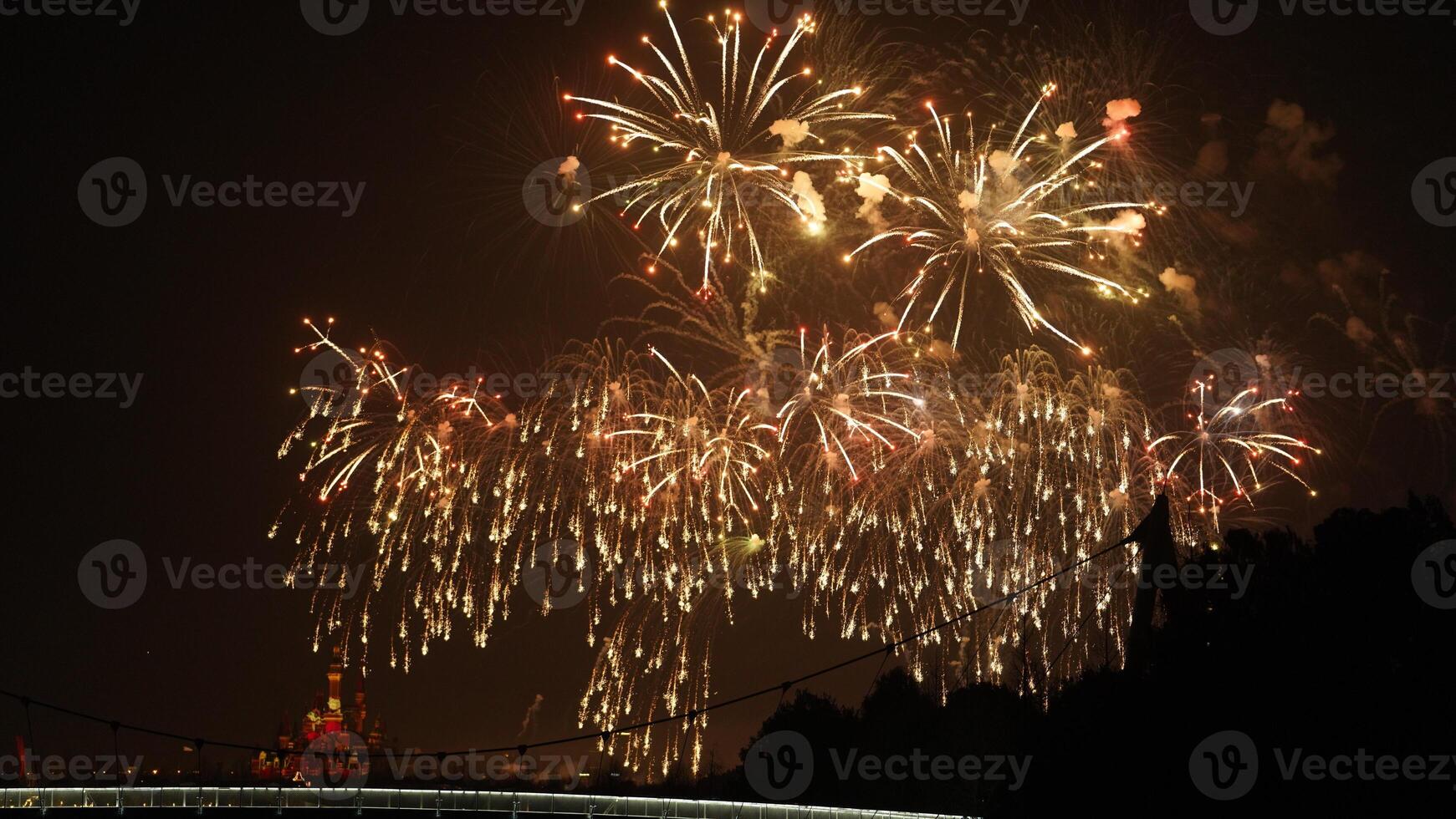 The colorful and beautiful fireworks show with the dark sky as background at night photo