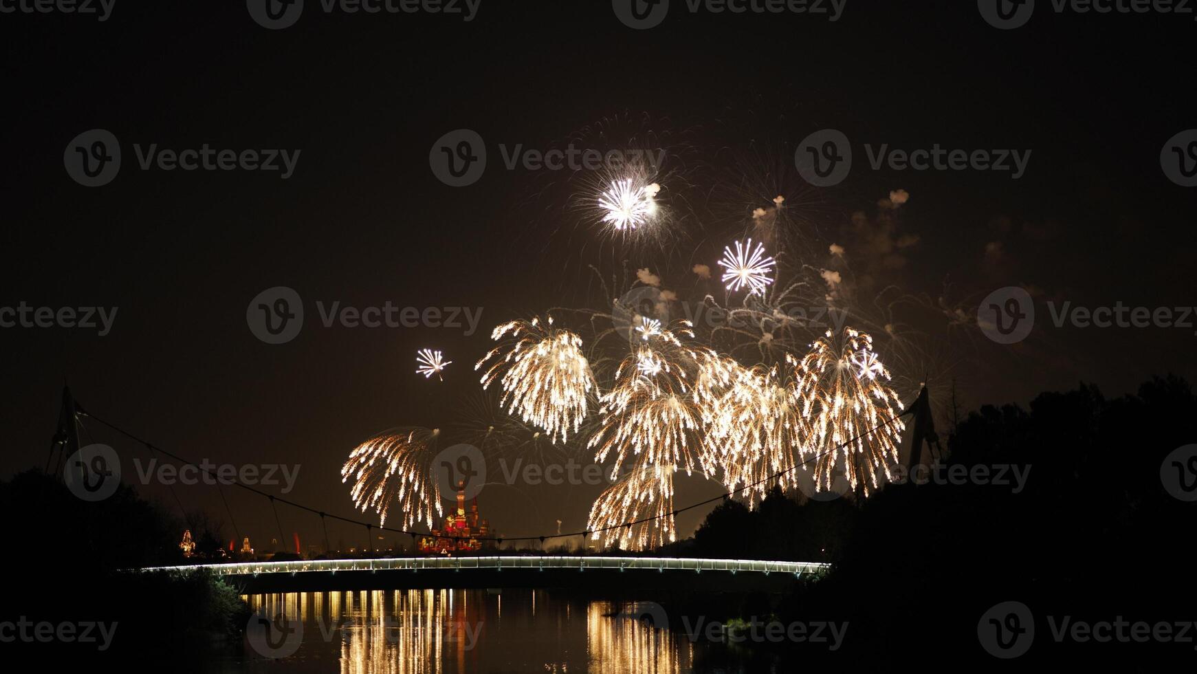 The colorful and beautiful fireworks show with the dark sky as background at night photo