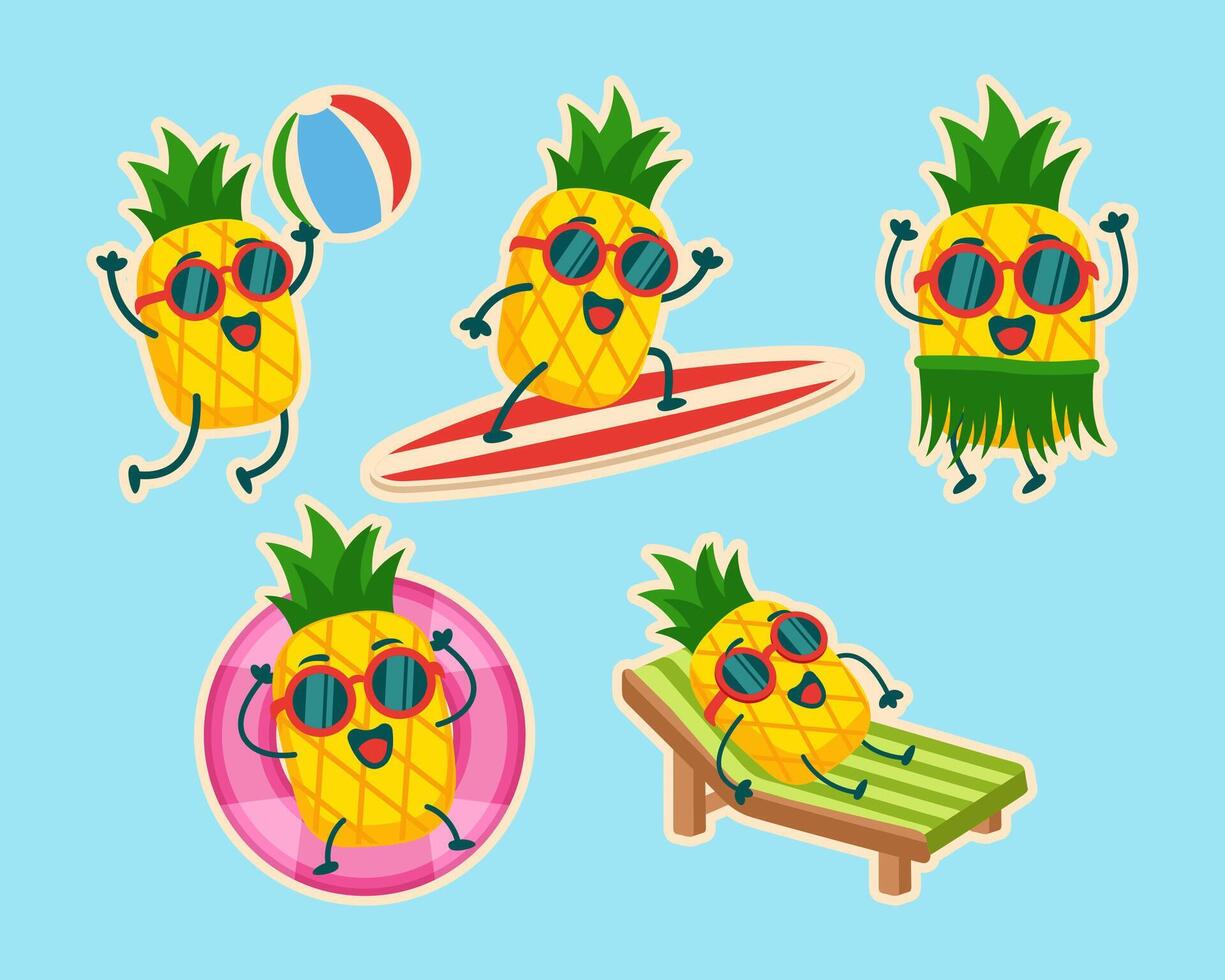 summer activity with pineapple mascot characters vector