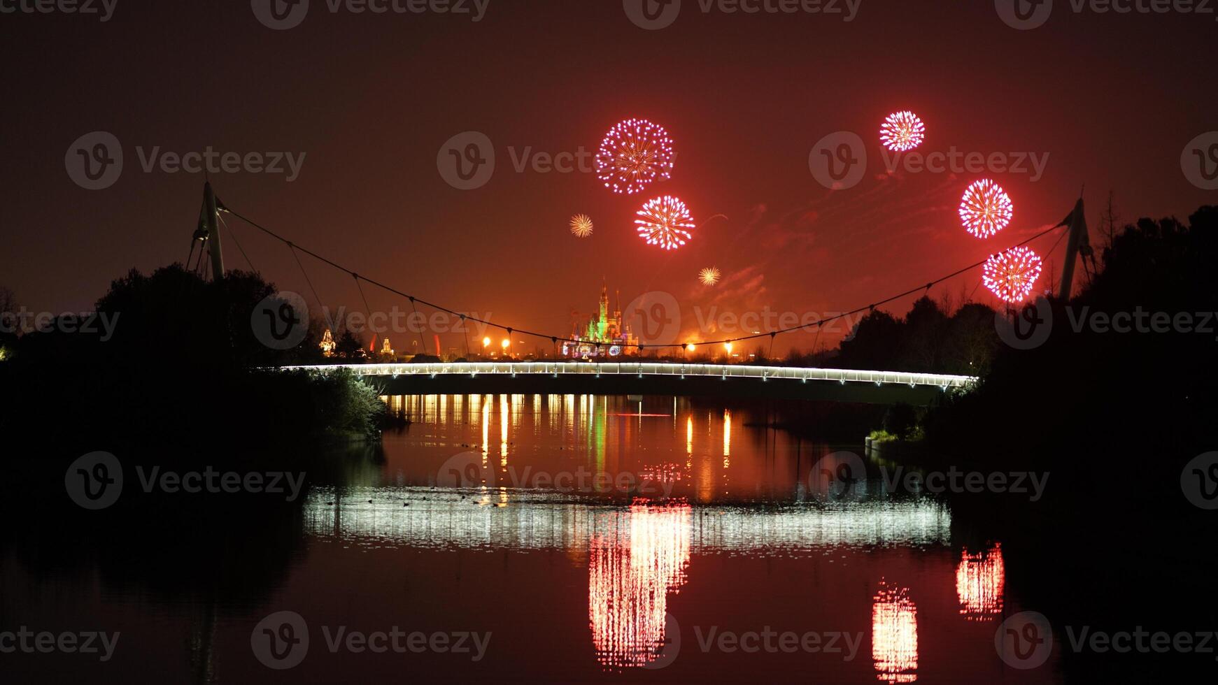 The colorful and beautiful fireworks show with the dark sky as background at night photo