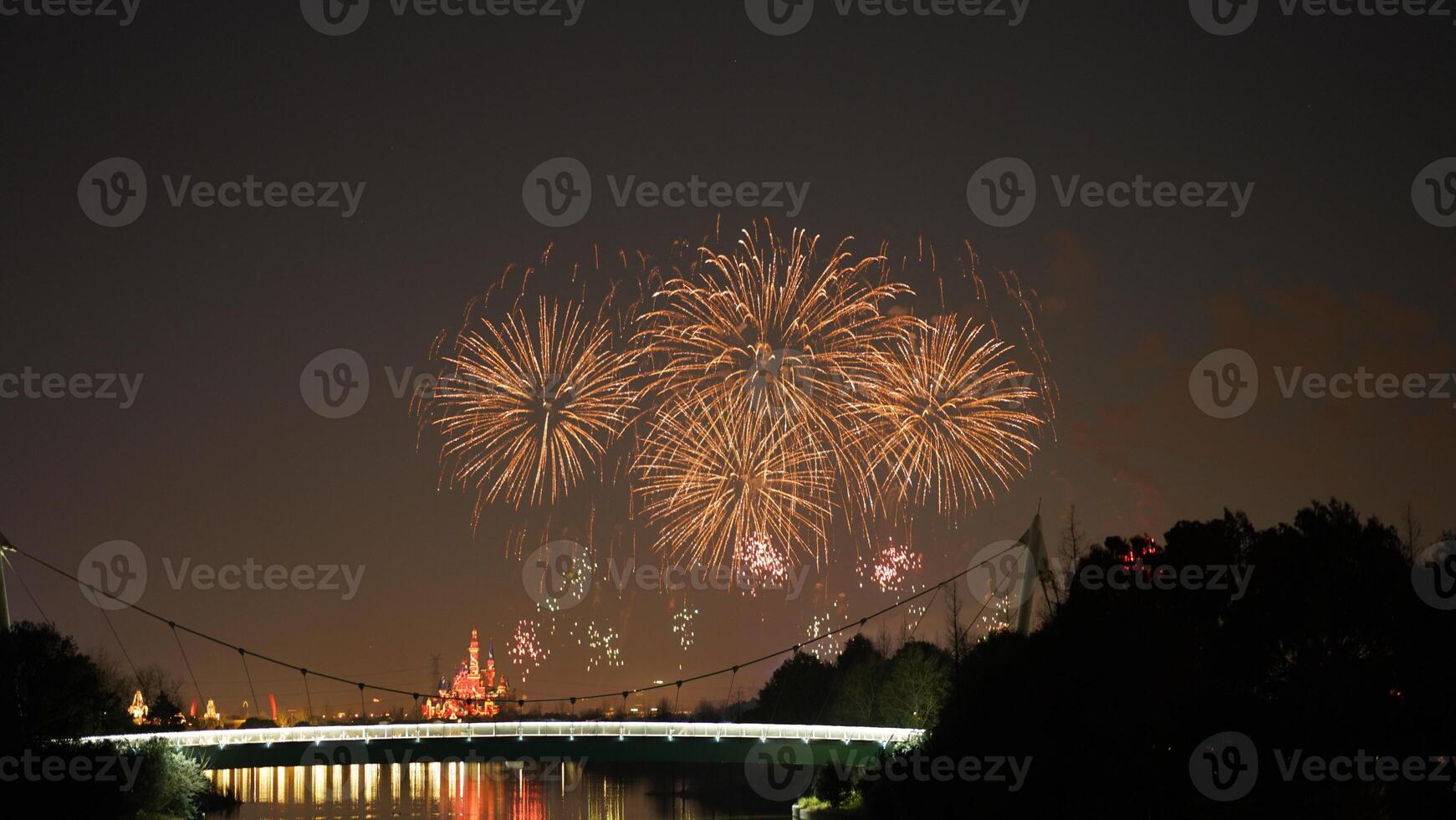 The colorful and beautiful fireworks show with the dark sky as background at night photo