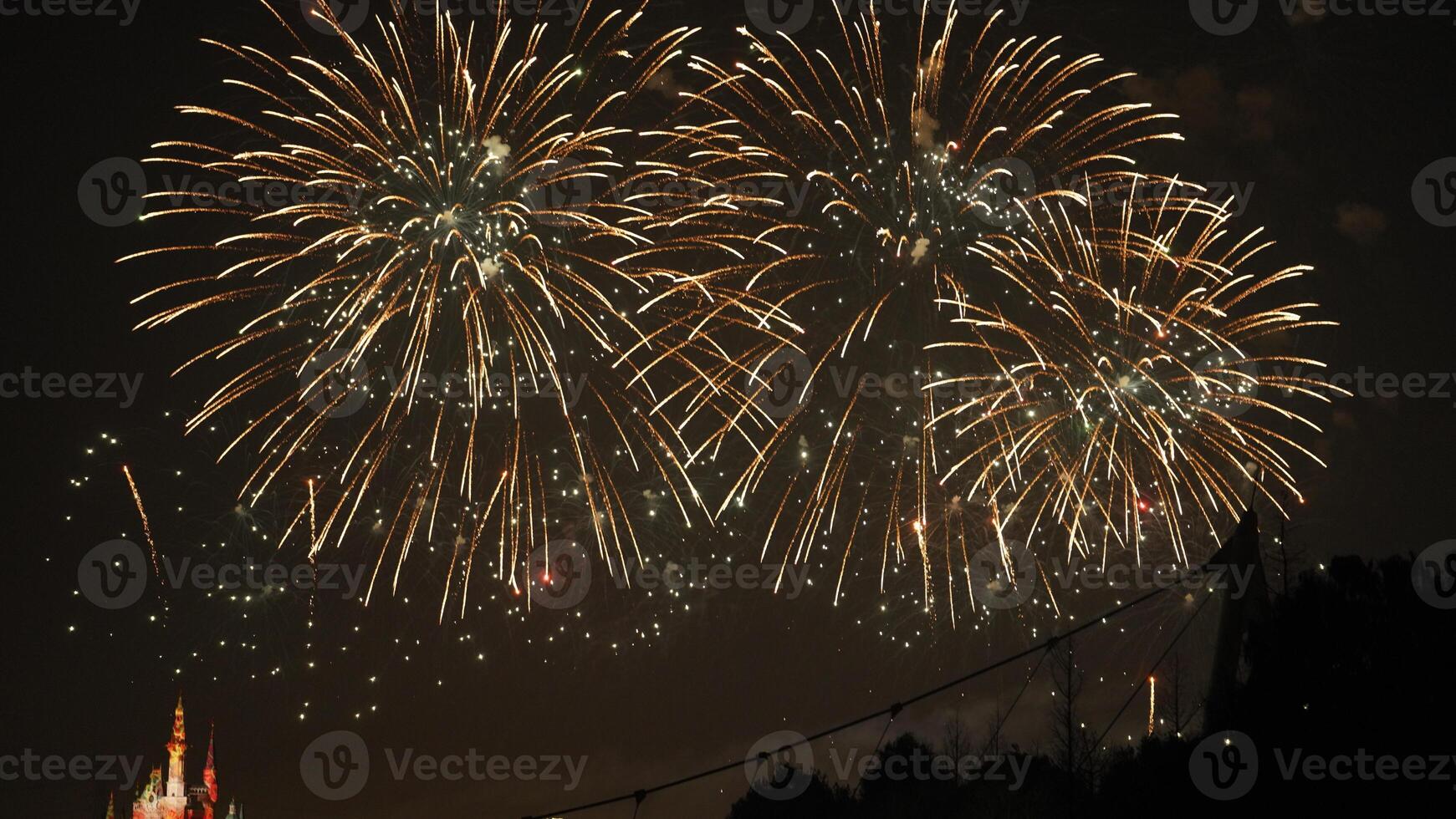 The colorful and beautiful fireworks show with the dark sky as background at night photo
