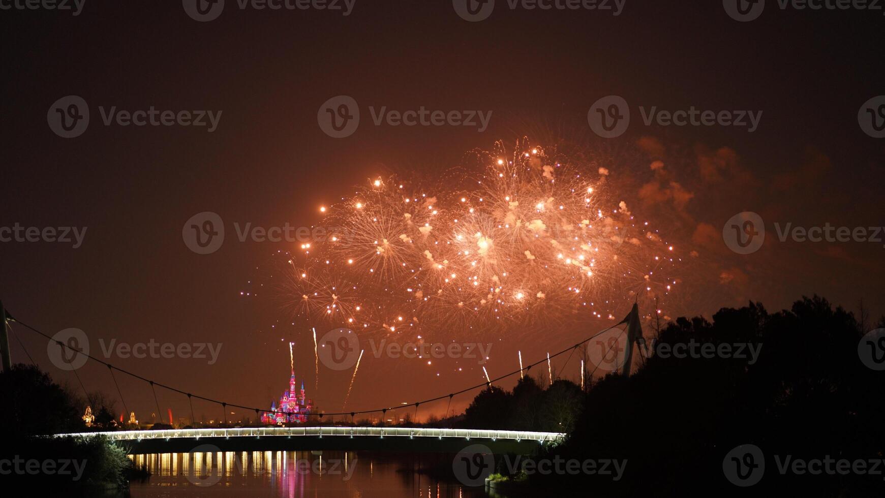 The colorful and beautiful fireworks show with the dark sky as background at night photo