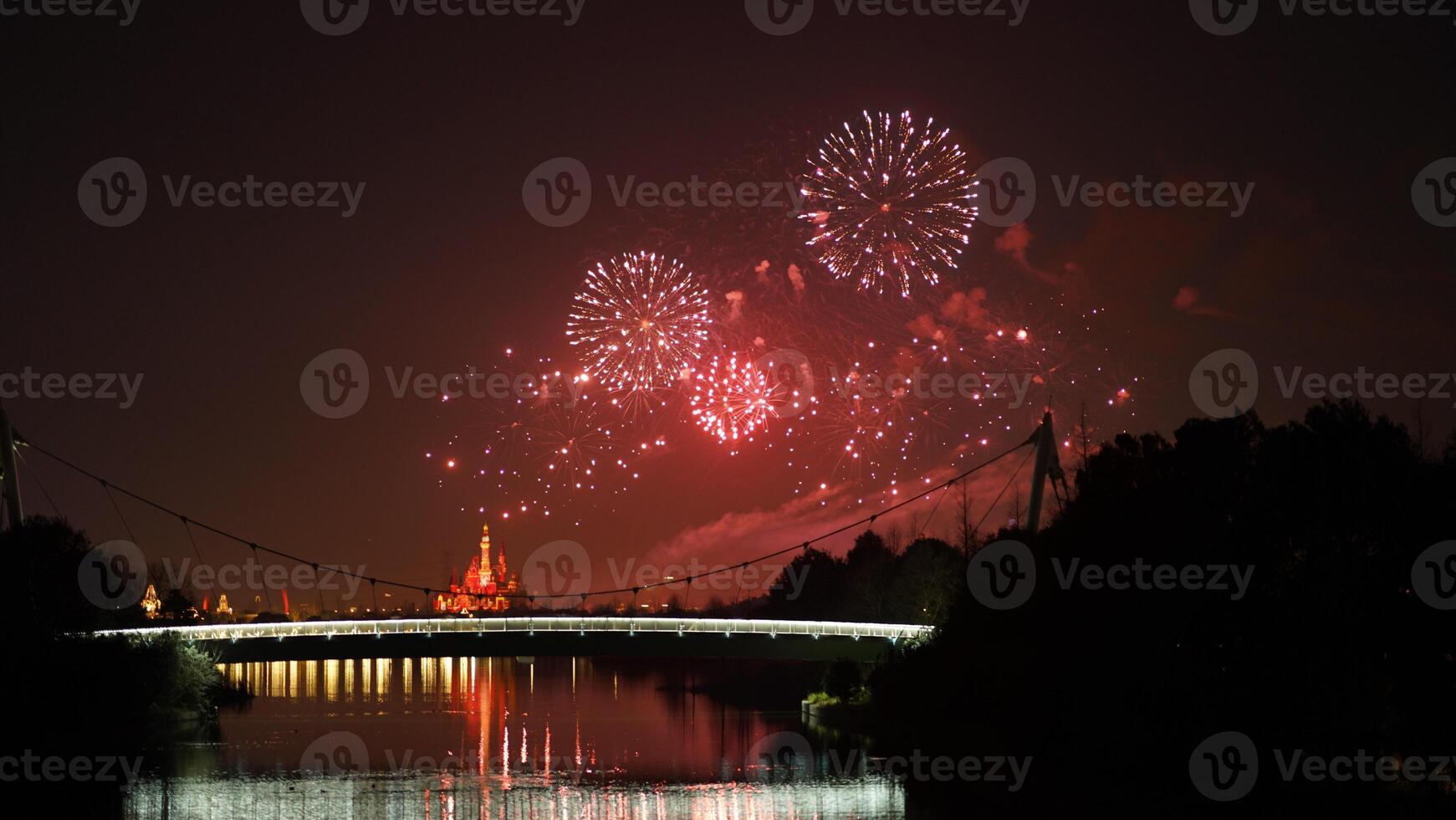 The colorful and beautiful fireworks show with the dark sky as background at night photo