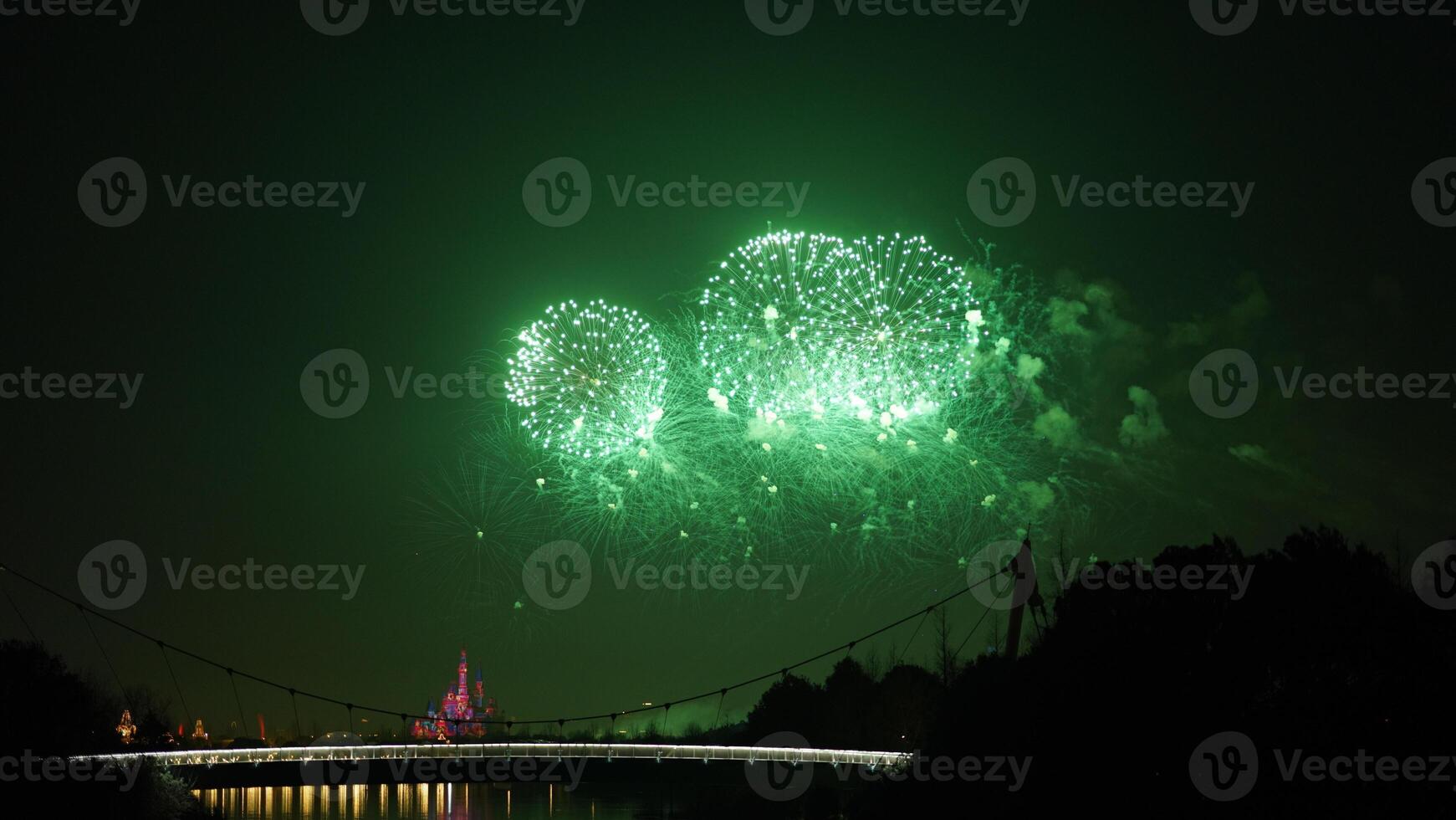 The colorful and beautiful fireworks show with the dark sky as background at night photo