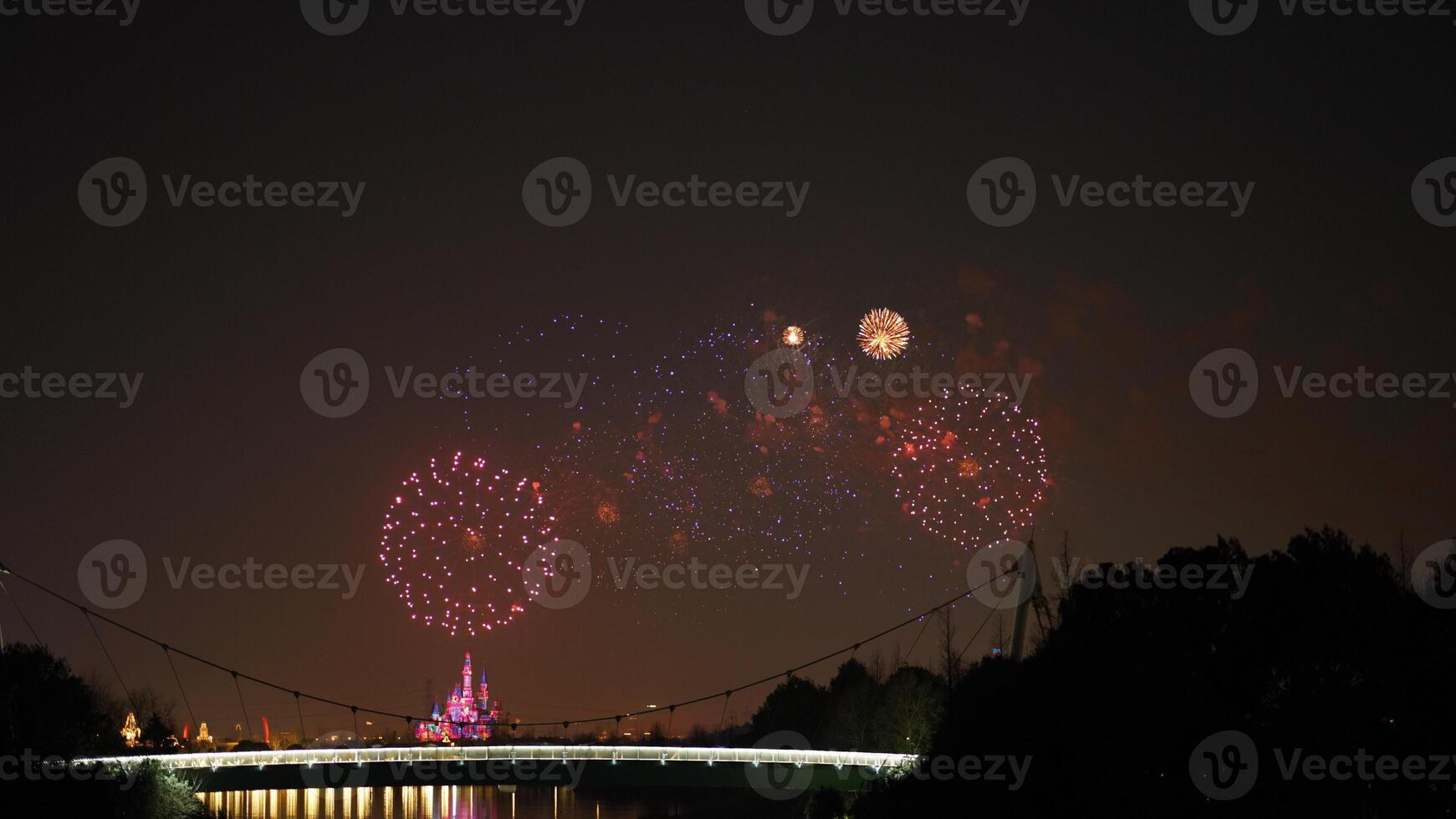 The colorful and beautiful fireworks show with the dark sky as background at night photo