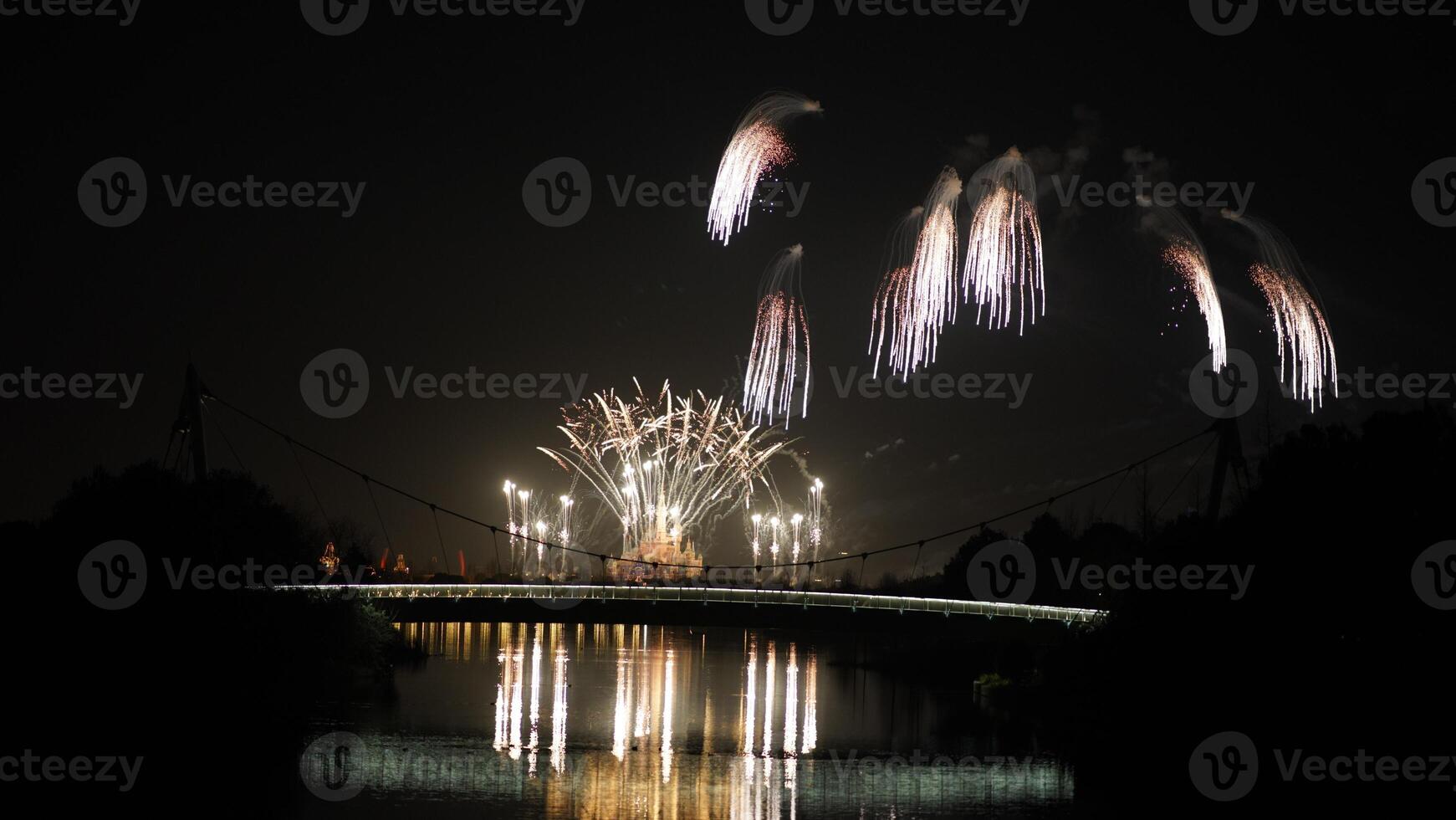 The colorful and beautiful fireworks show with the dark sky as background at night photo