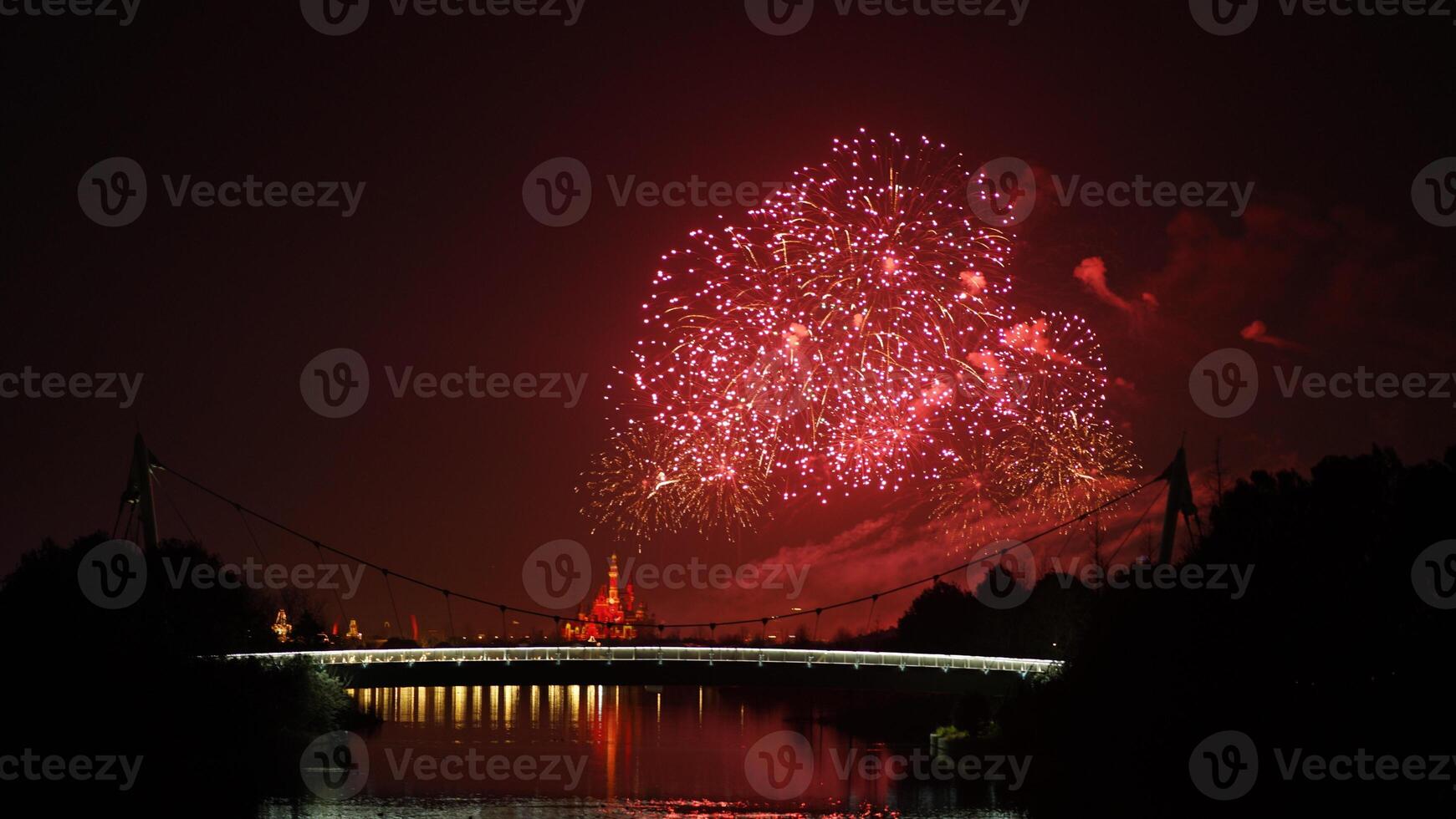 The colorful and beautiful fireworks show with the dark sky as background at night photo