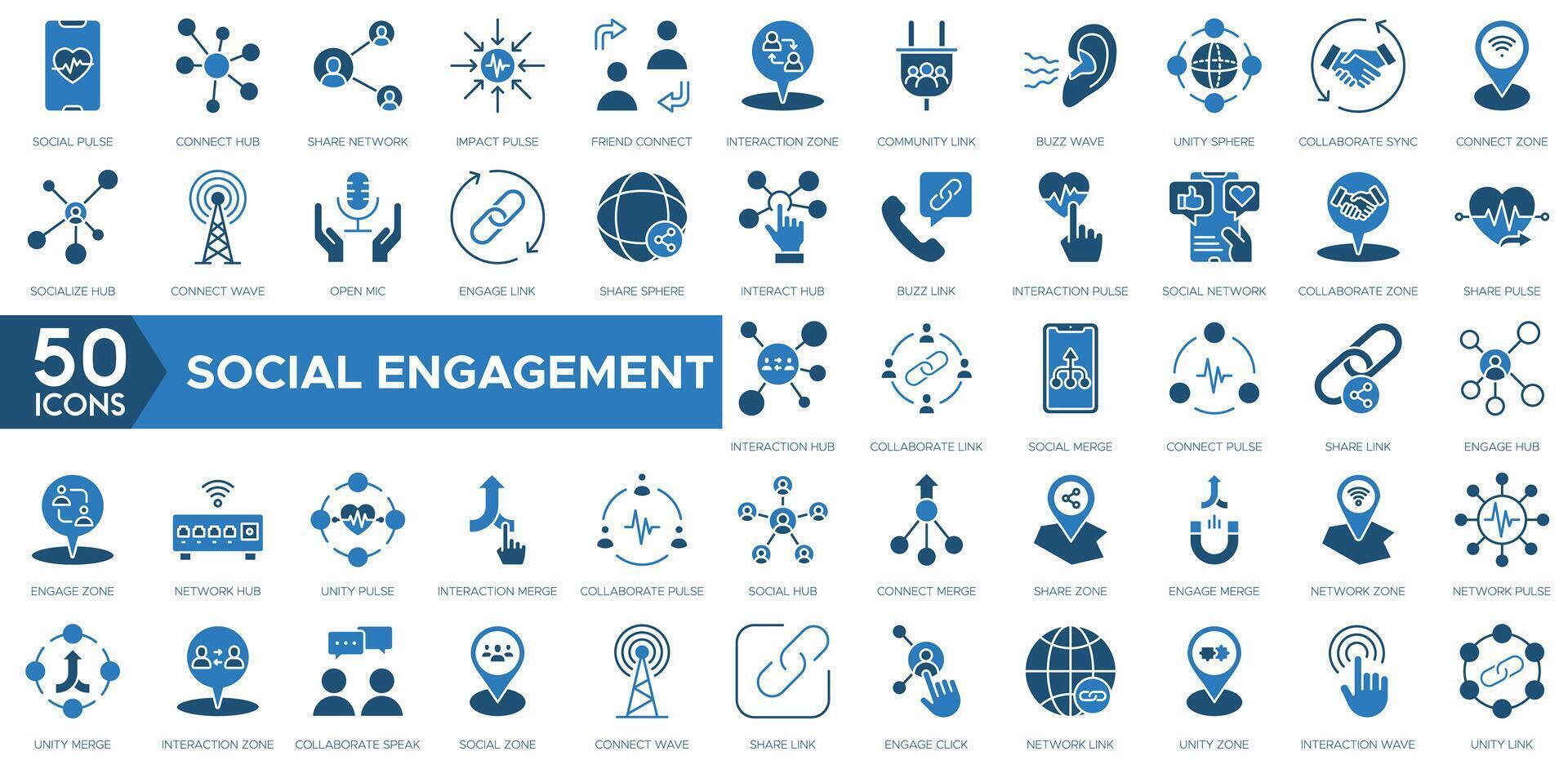 Social Engagement icon set. Social Pulse, Connect Hub, Share Network, Impact Pulse, Friend Connect, Interaction Zone, Community Link and Buzz Wave vector