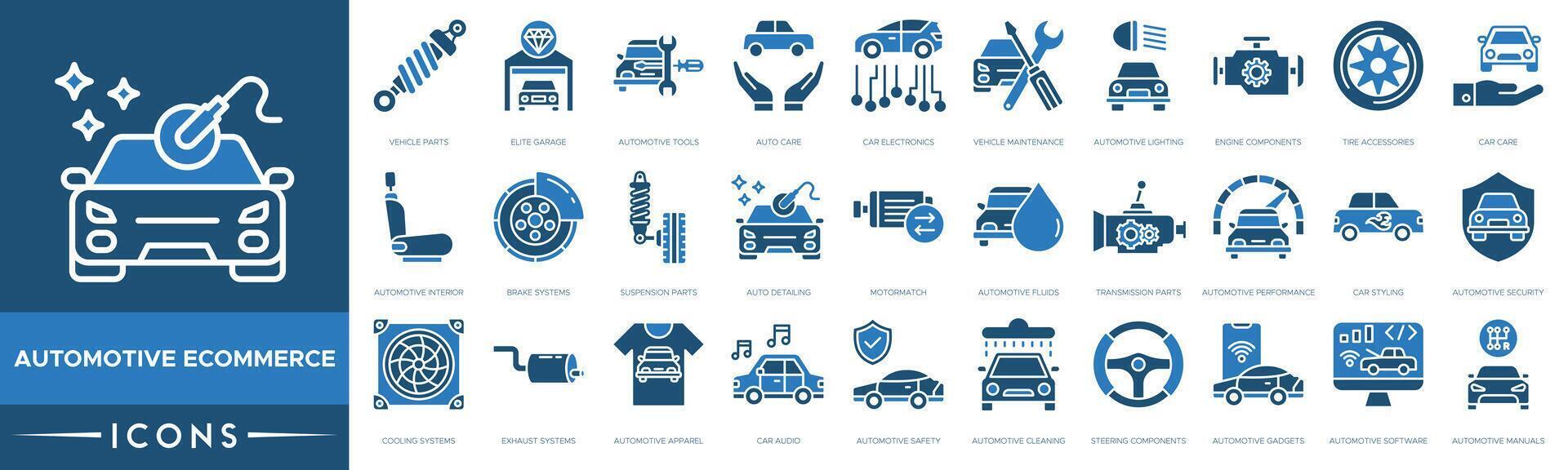 Automotive eCommerce icon. Vehicle Parts, Elite Garage, Automotive Tools, Auto Care, Car Electronics, Vehicle Maintenance, Automotive Lighting and Engine Components vector