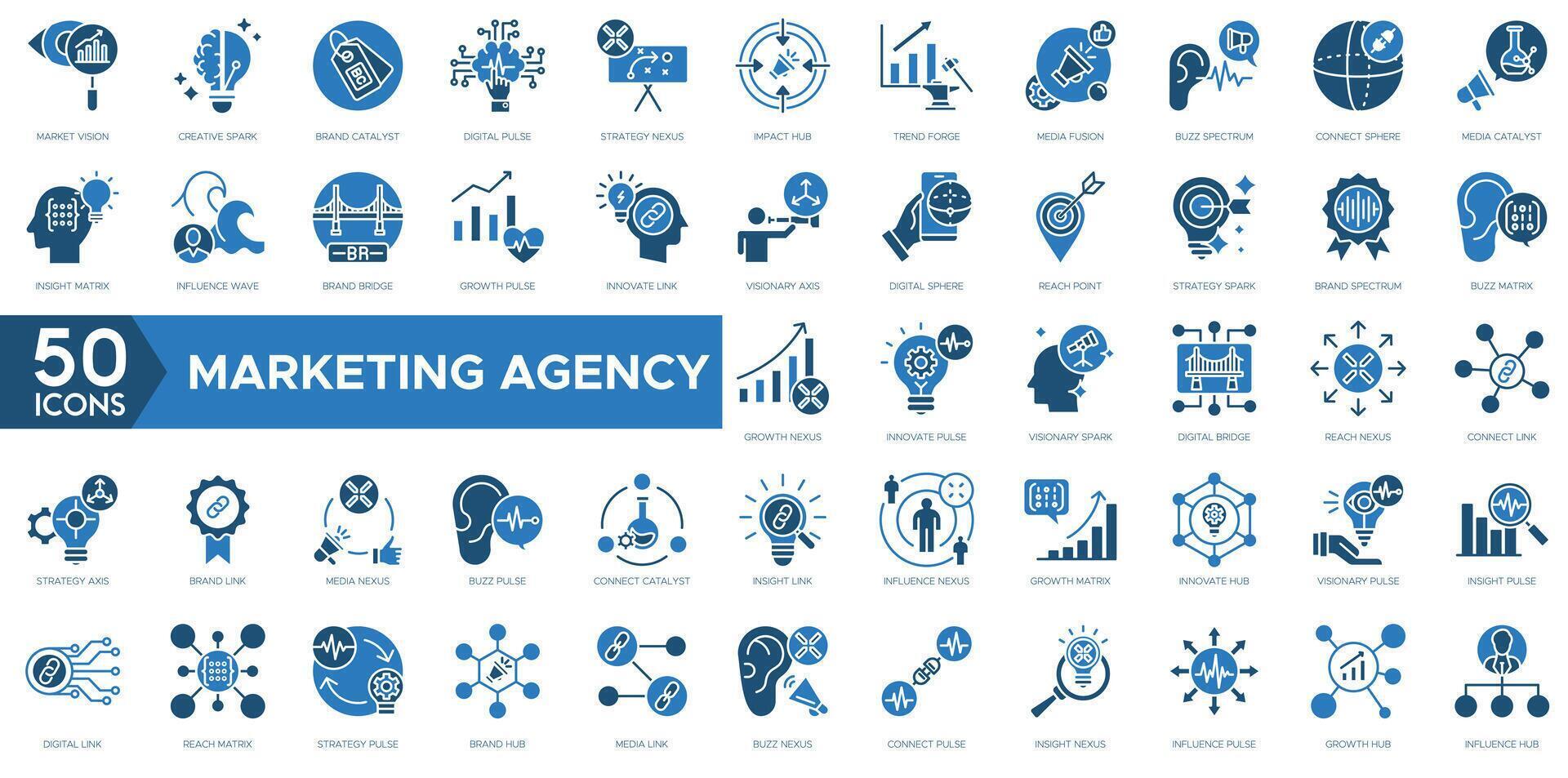 Marketing Agency icon. Market Vision, Creative Spark, Brand Catalyst, Digital Pulse, Strategy Nexus, Impact Hub, Trend Forge, Media Fusion and Buzz Spectrum vector