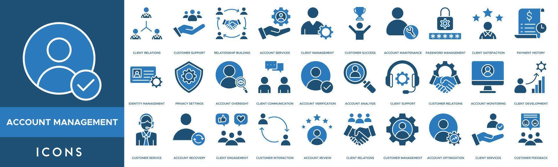 Account Management icon set. Client Relations, Customer Support, Relationship Building, Account Services, Client Management, Customer Success, Account Maintenance and Password Management vector