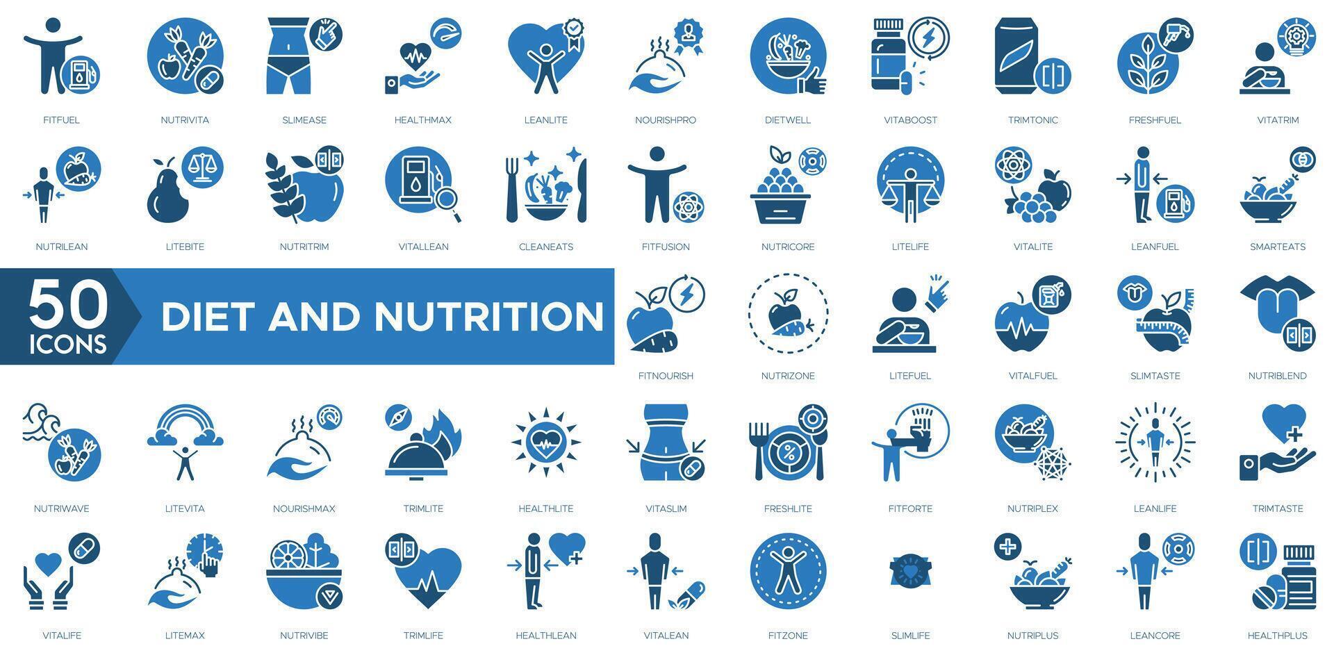 Diet And Nutrition icon set. Fit Fuel, Nutri Vita, Slim Ease, Health Max, Lean Lite, Nourish Pro, Diet Well, Vita Boost, Trim Tonic and Fresh Fuel vector